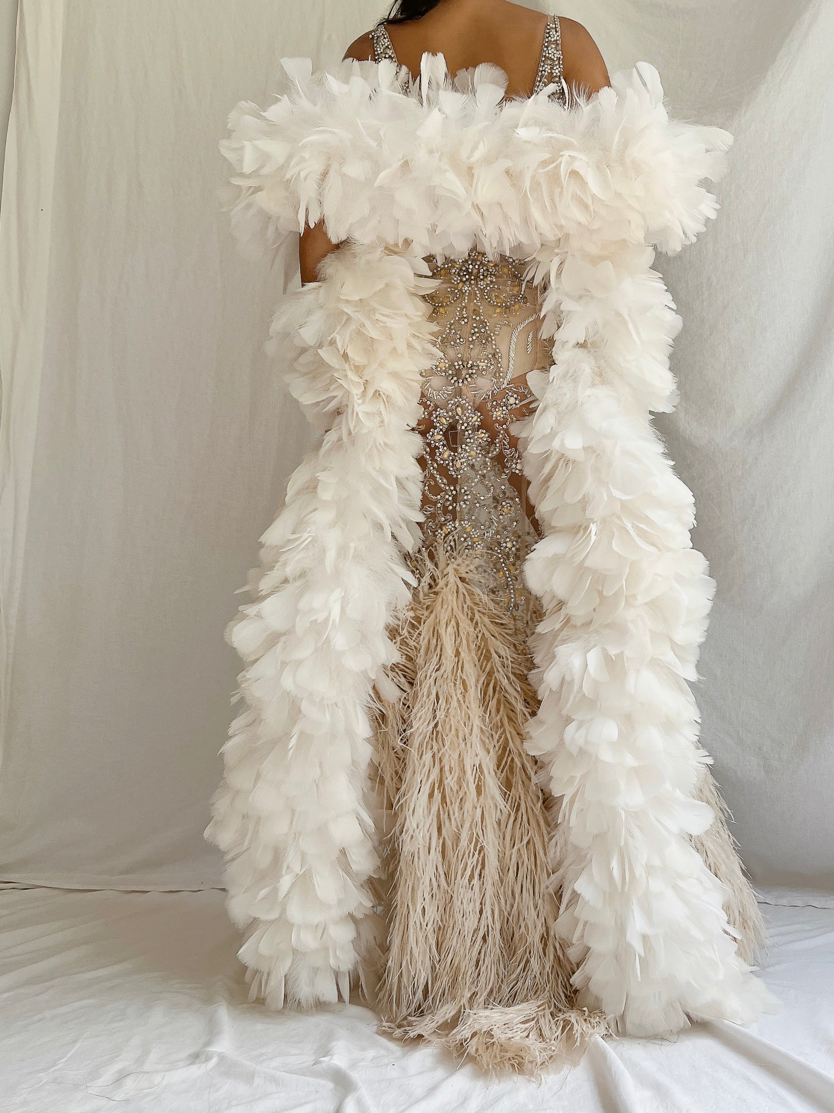 Y2K Nude Sheer Ostrich Feather Dress - S