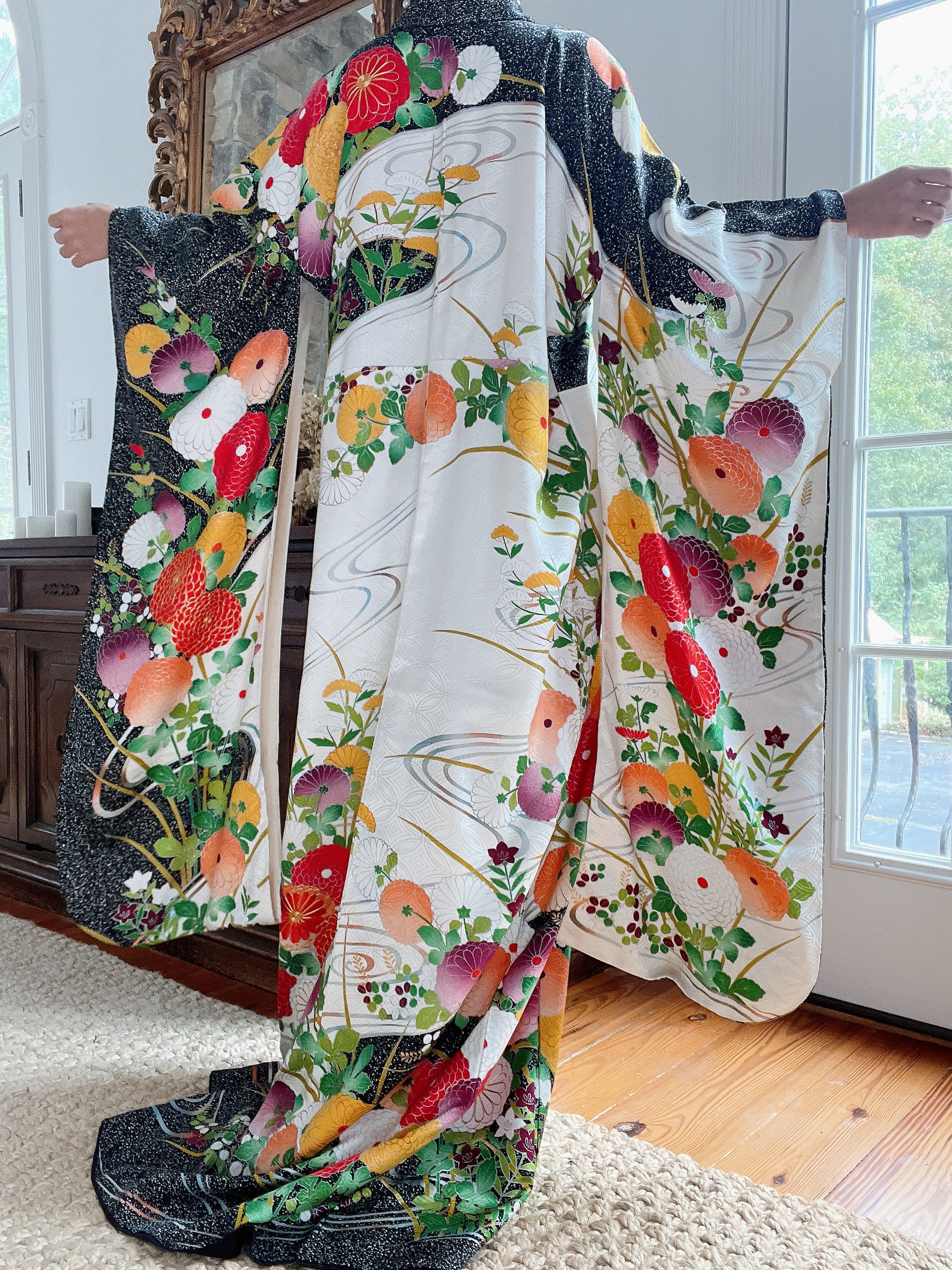 Vintage Silk Black and Green Floral Kimono - OSFA