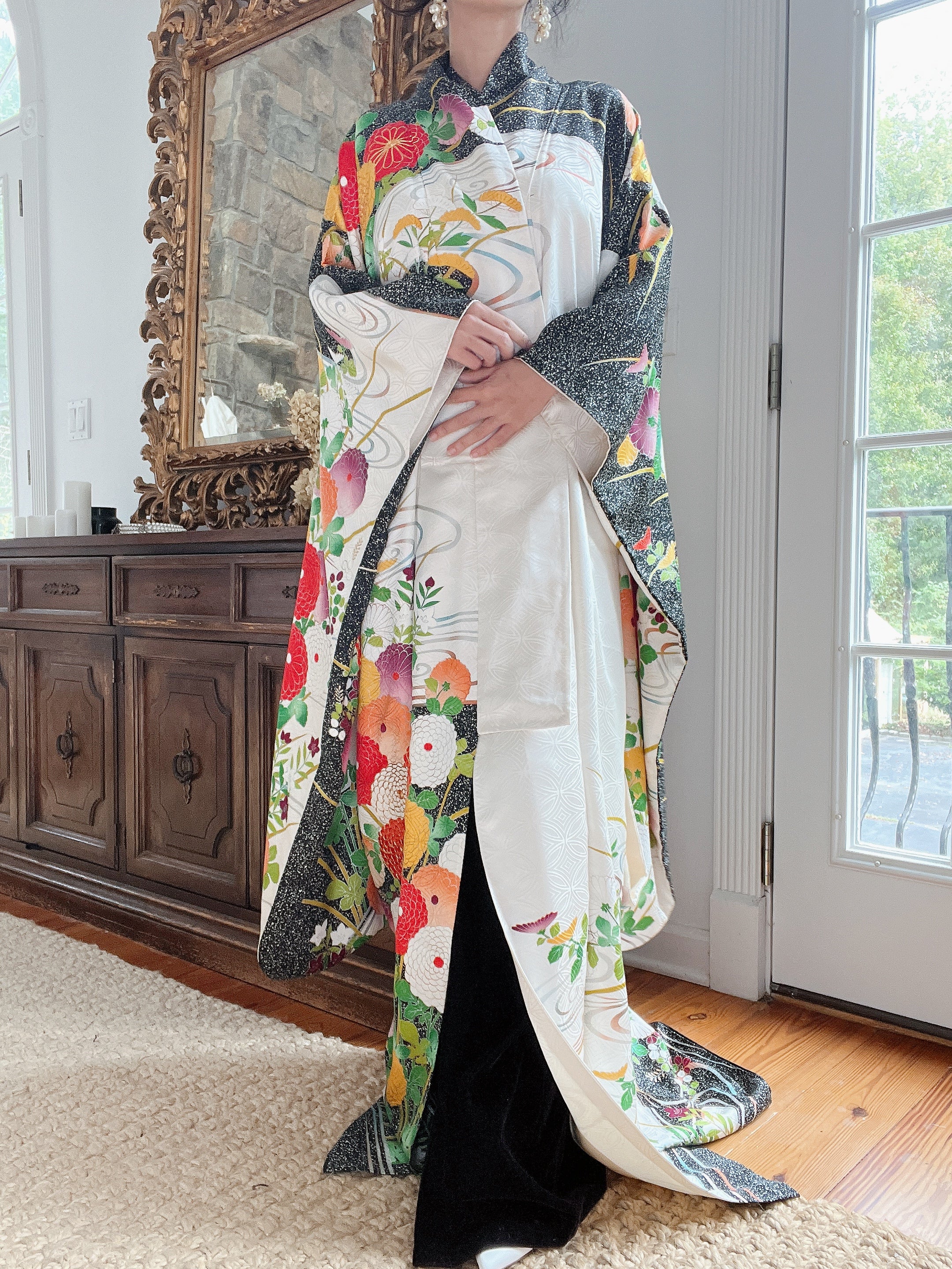 Vintage Silk Black and Green Floral Kimono - OSFA