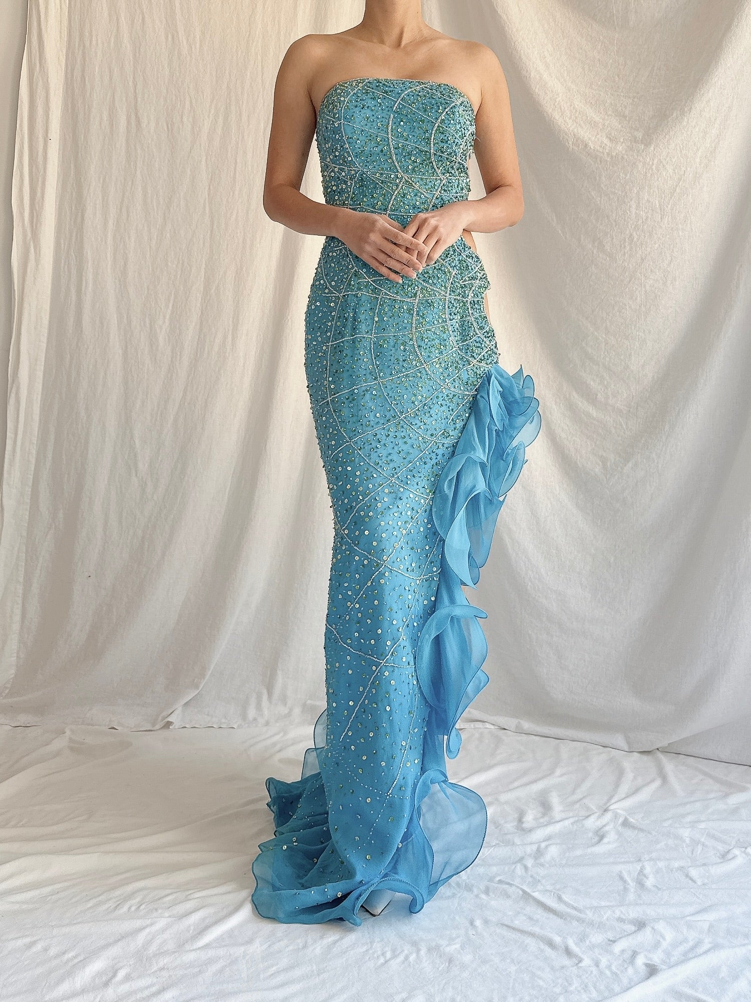 00s Strapless Silk Chiffon Beaded Gown - XS/2 00s Strapless Silk Chiffon Beaded Gown - XS/2