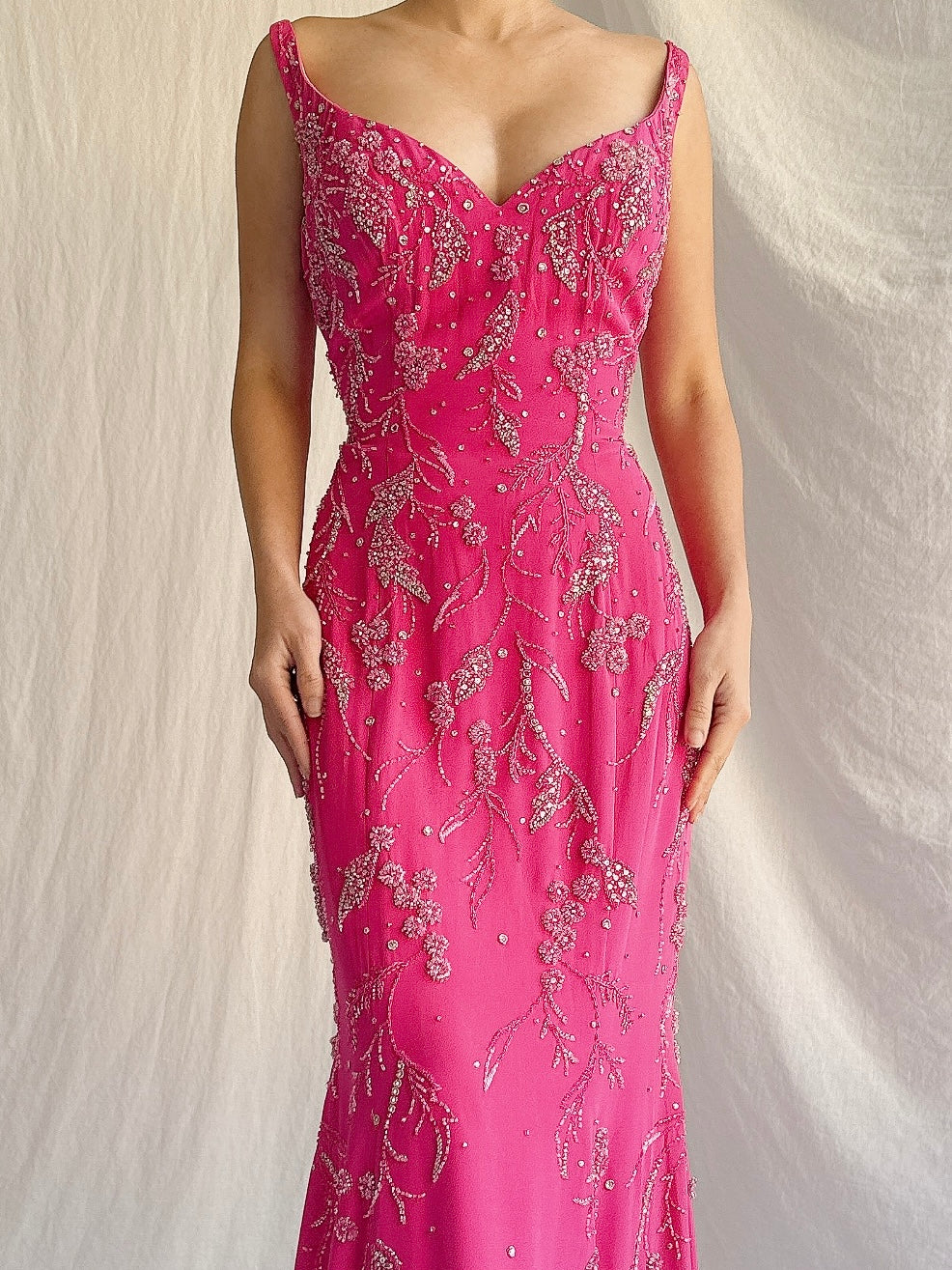 Vintage Hot Pink Silk Beaded Gown - M