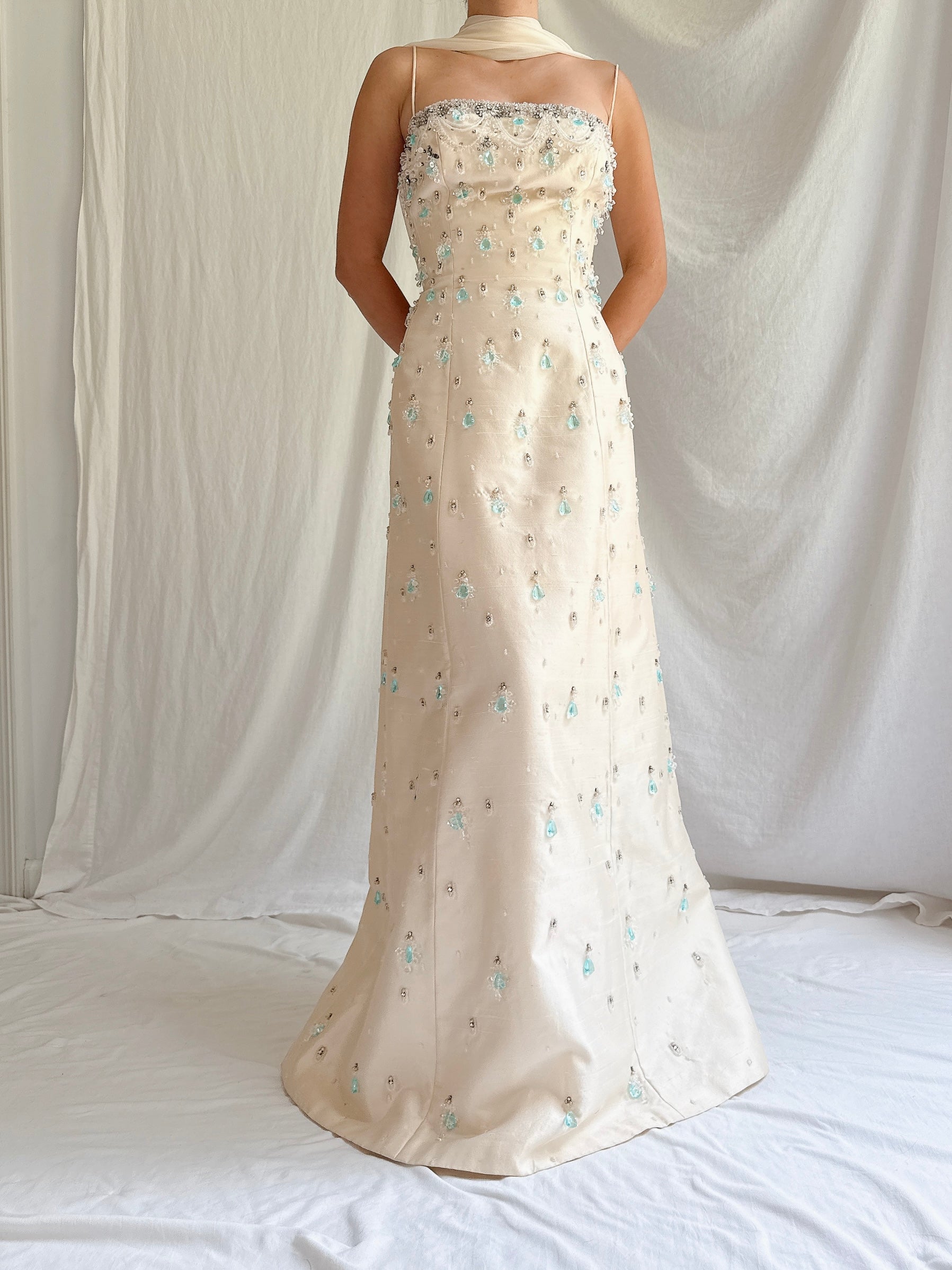 1960s Raw Silk Crystal Gown with Silk Shawl- S/4
