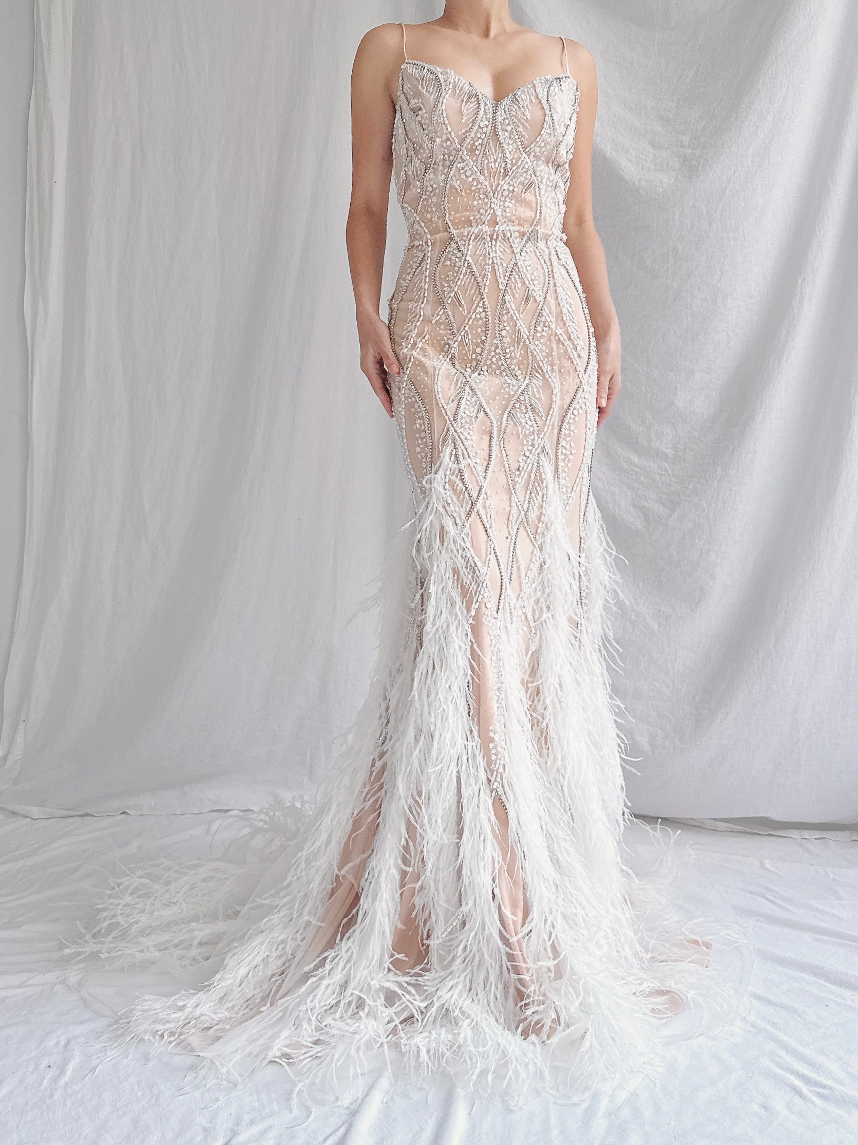 00 Stephen Yearrick Pearl Feather Gown - S-M