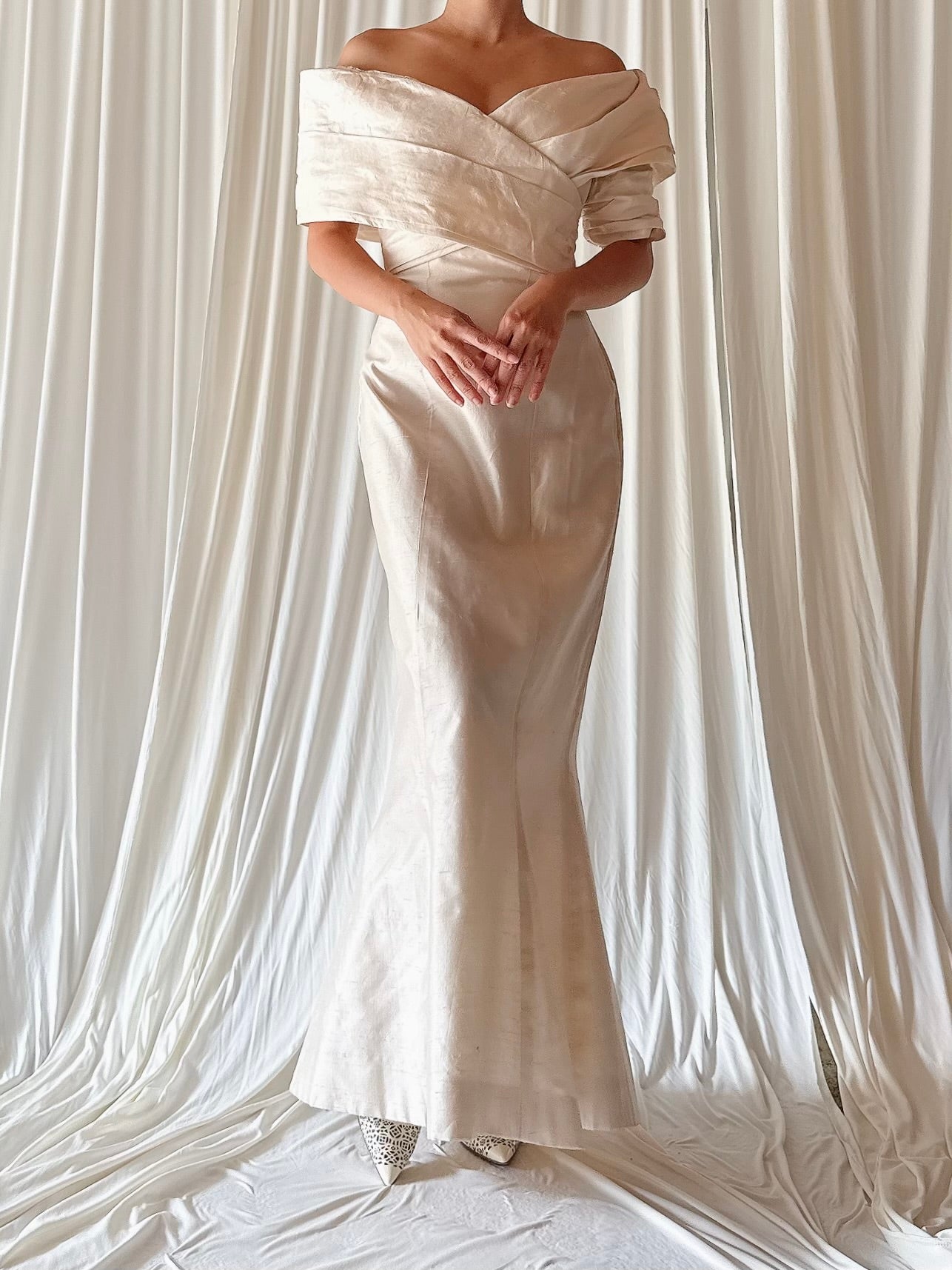 Vintage Watters Off The Shoulder Column Raw Silk - XS