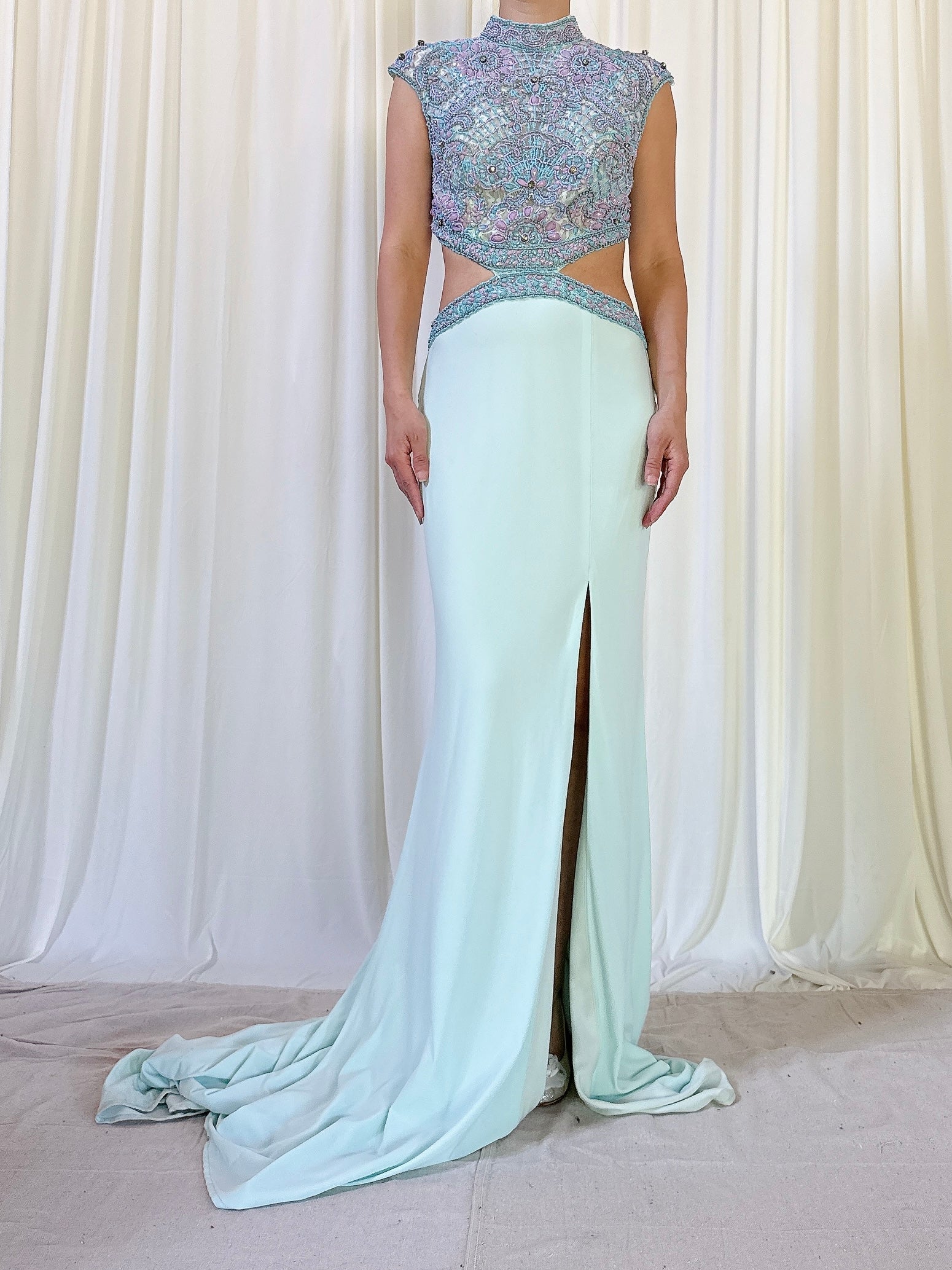 Vintage Marinelli Jersey Teal Beaded Dress S