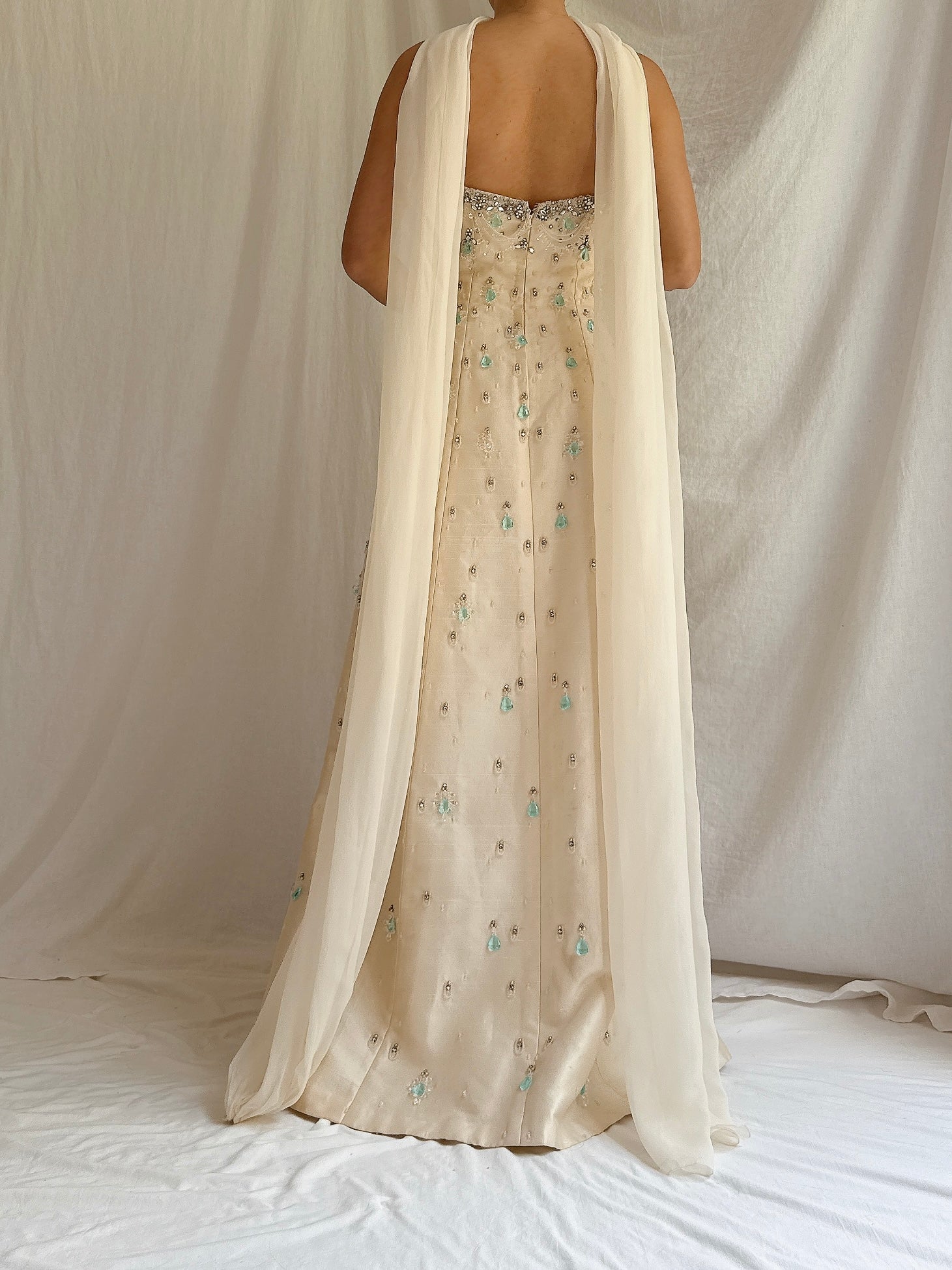 1960s Raw Silk Crystal Gown with Silk Shawl- S/4