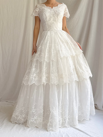 1950s Tiered Organdy Gown - XS
