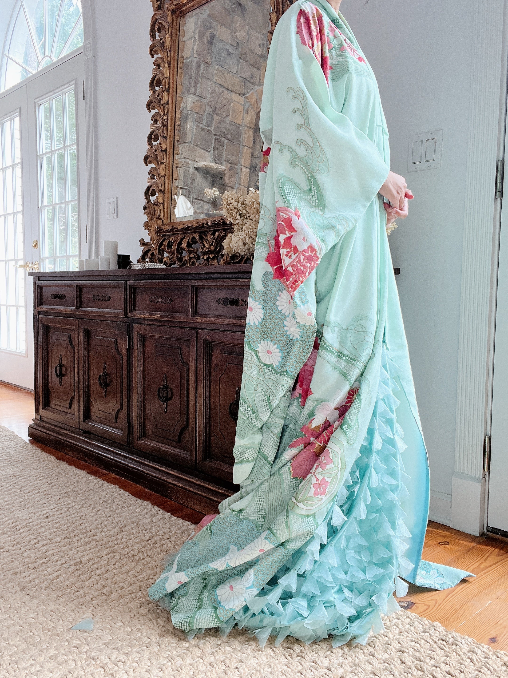 Vintage Silk Teal Abstract Kimono - OSFA