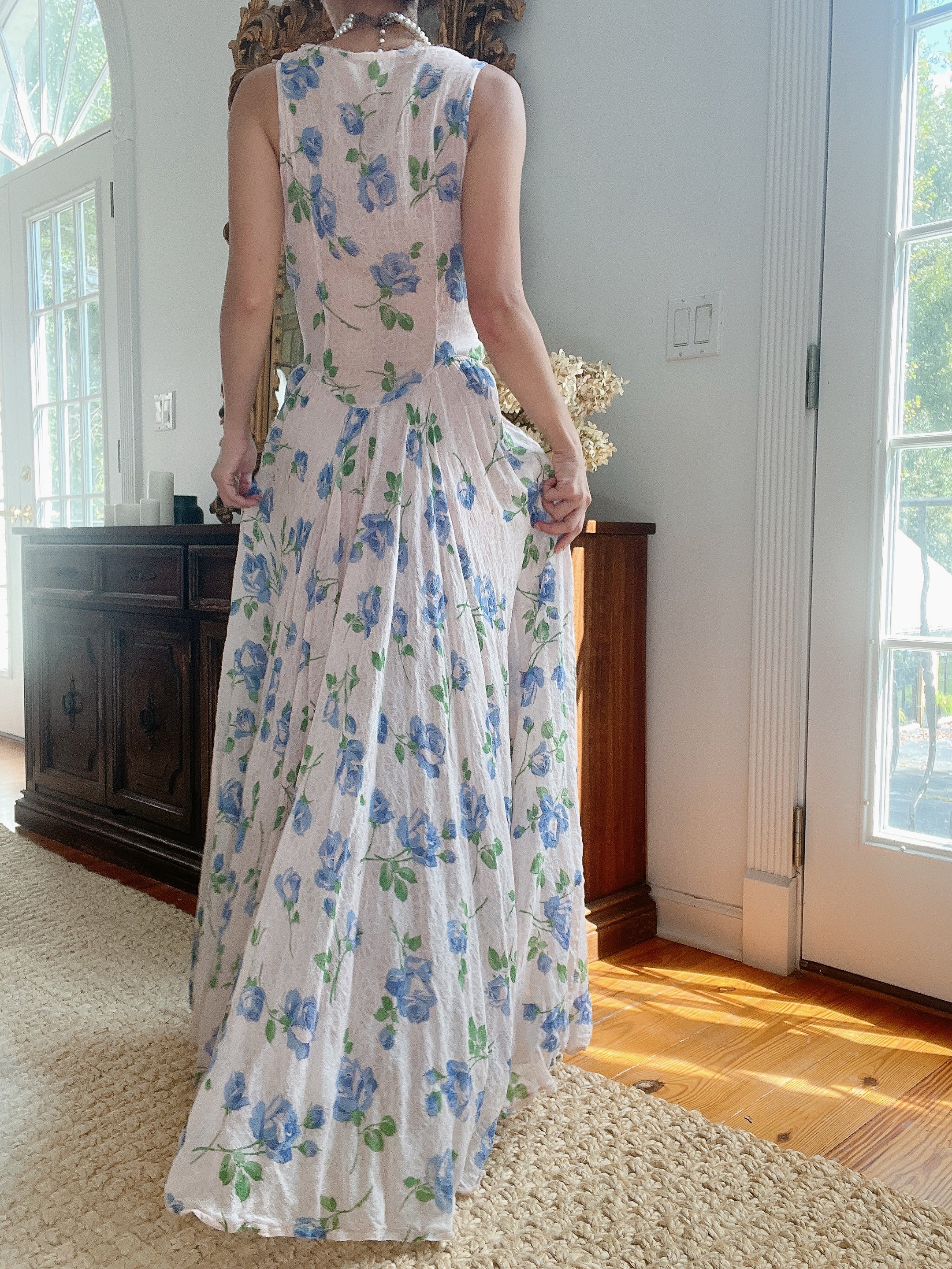 1940s Blue Floral Dress - M