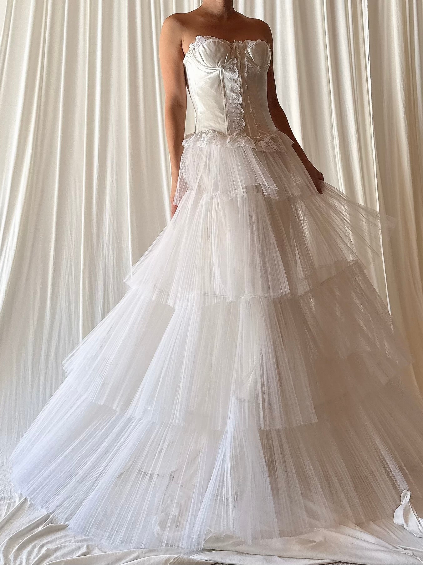 1950s Pleated Tiered Tulle Gown with Bustier - XS