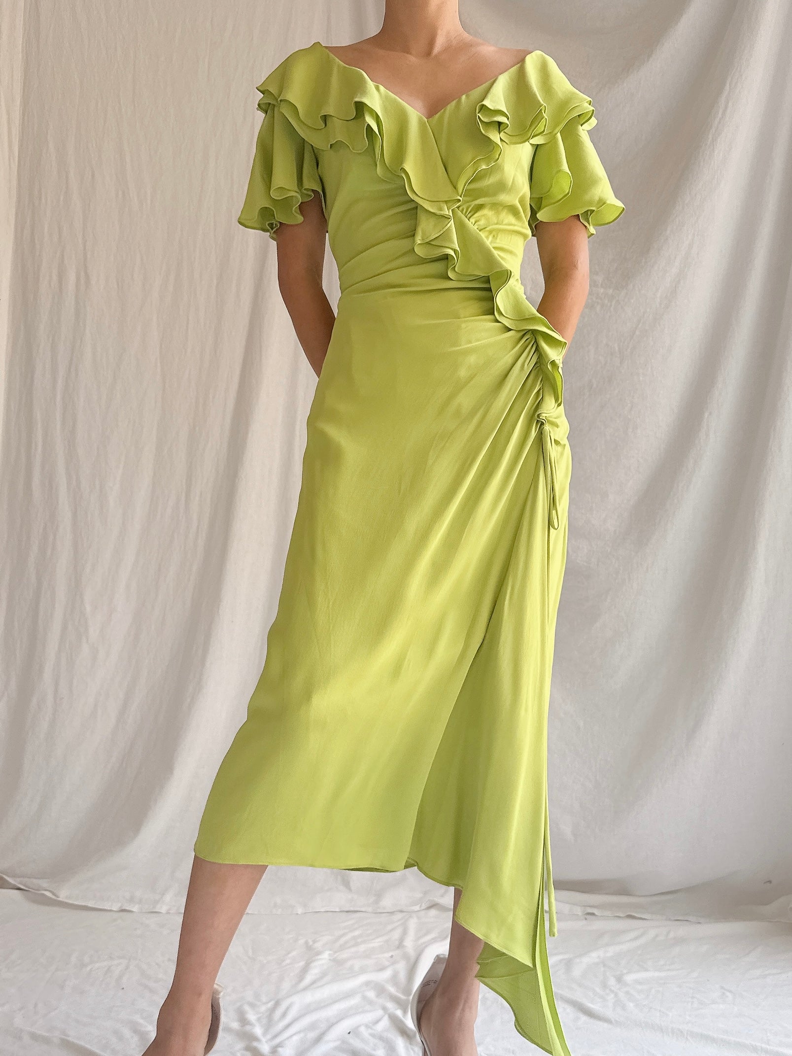 Vintage Chartreuse Belleville Sassoon  Silk Draped Dress - S