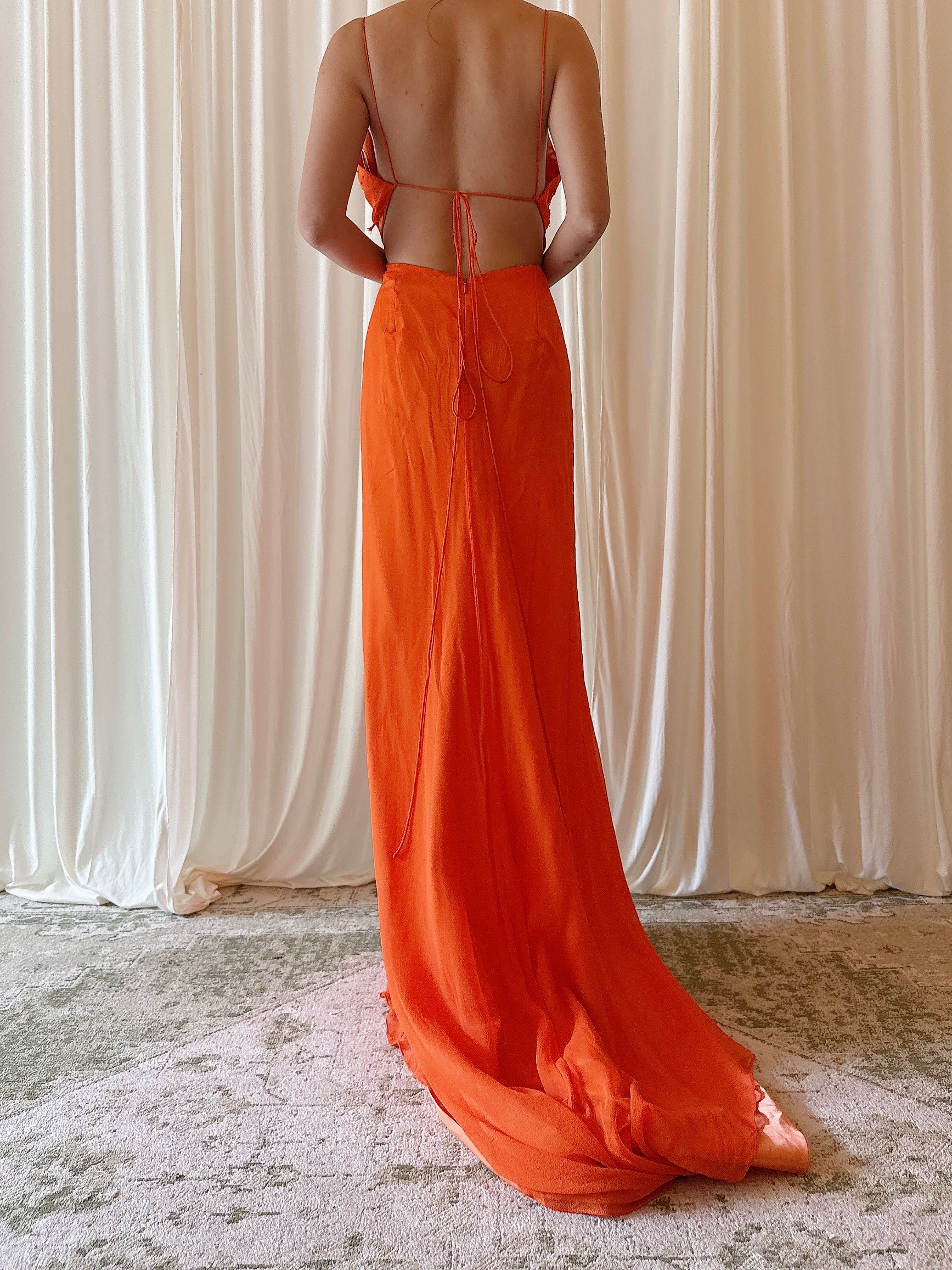 Vintage Orange Halter Beaded Dress - M