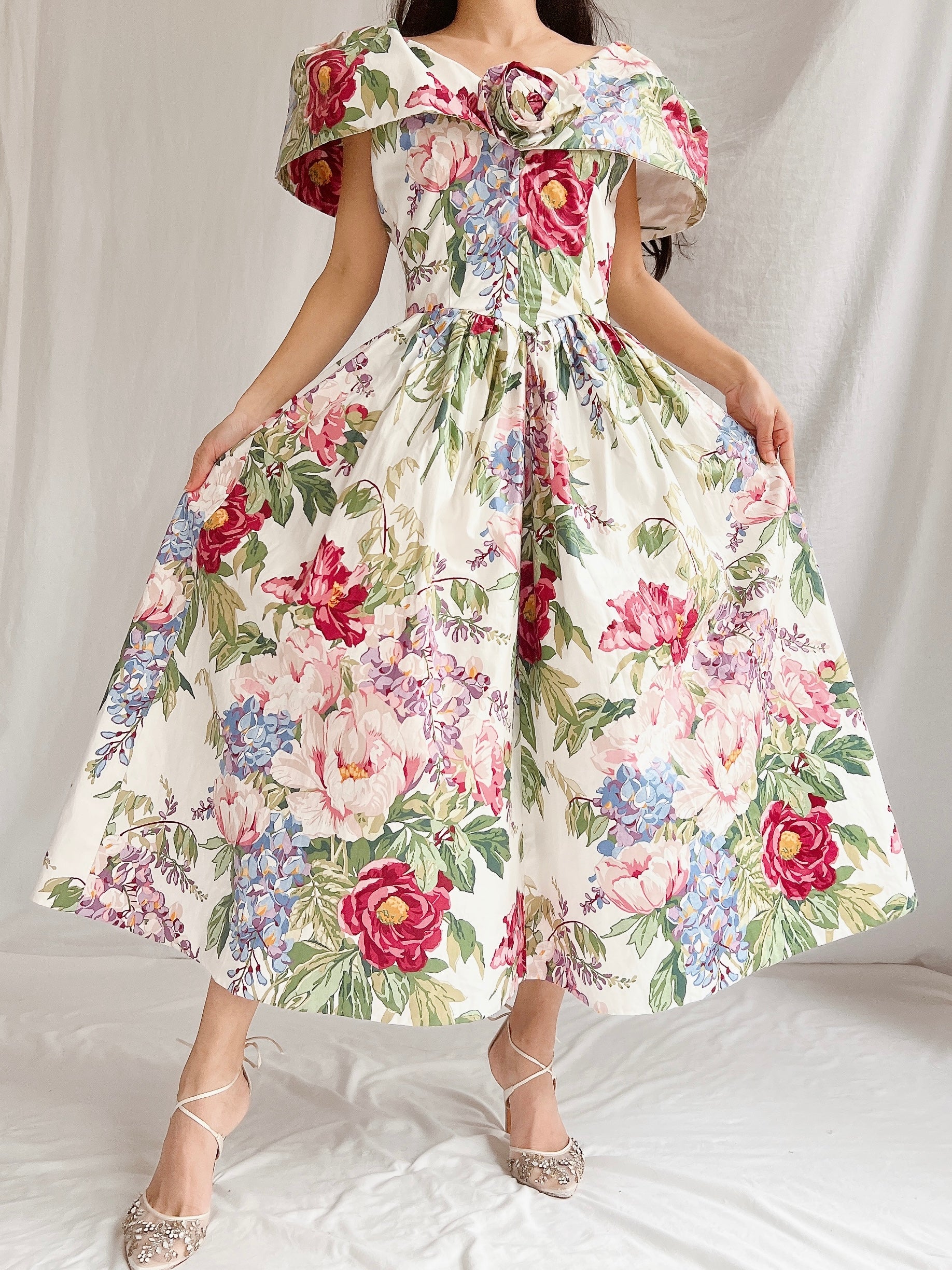Vintage Polished Cotton Floral Dress - XS
