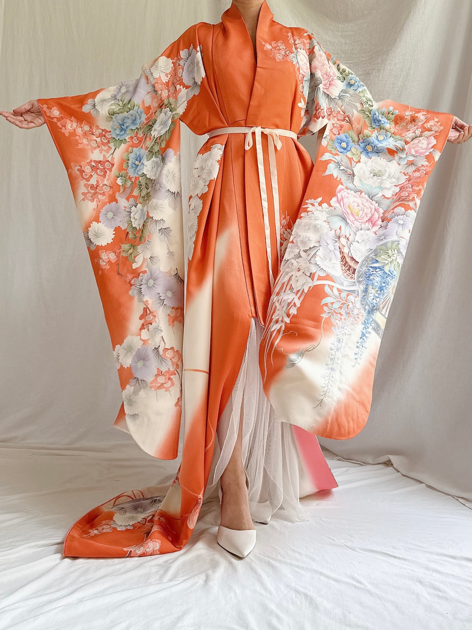 Vintage Orange Silk Kimono - OSFM