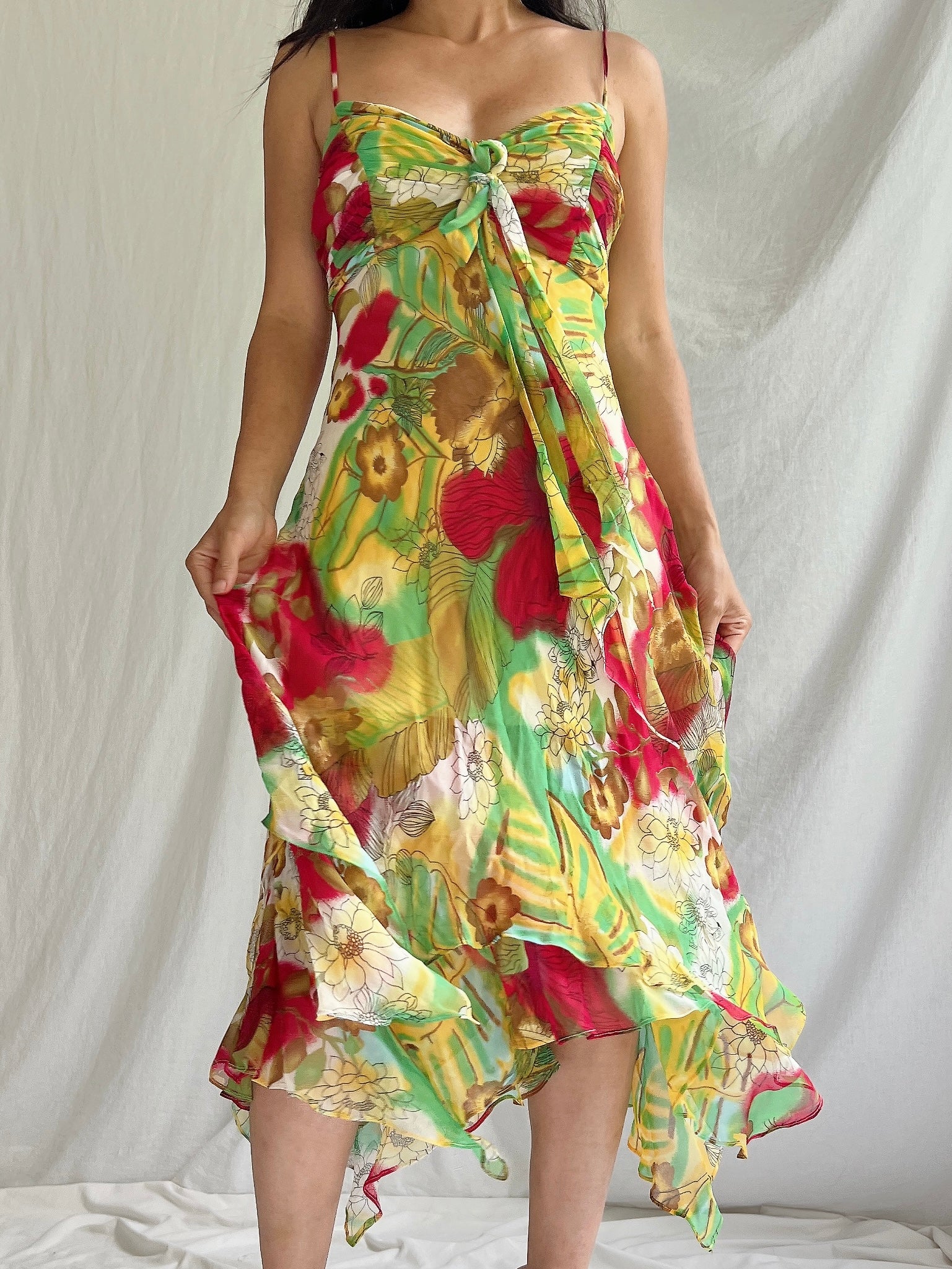 Y2K Silk Chiffon Floral Dress - M