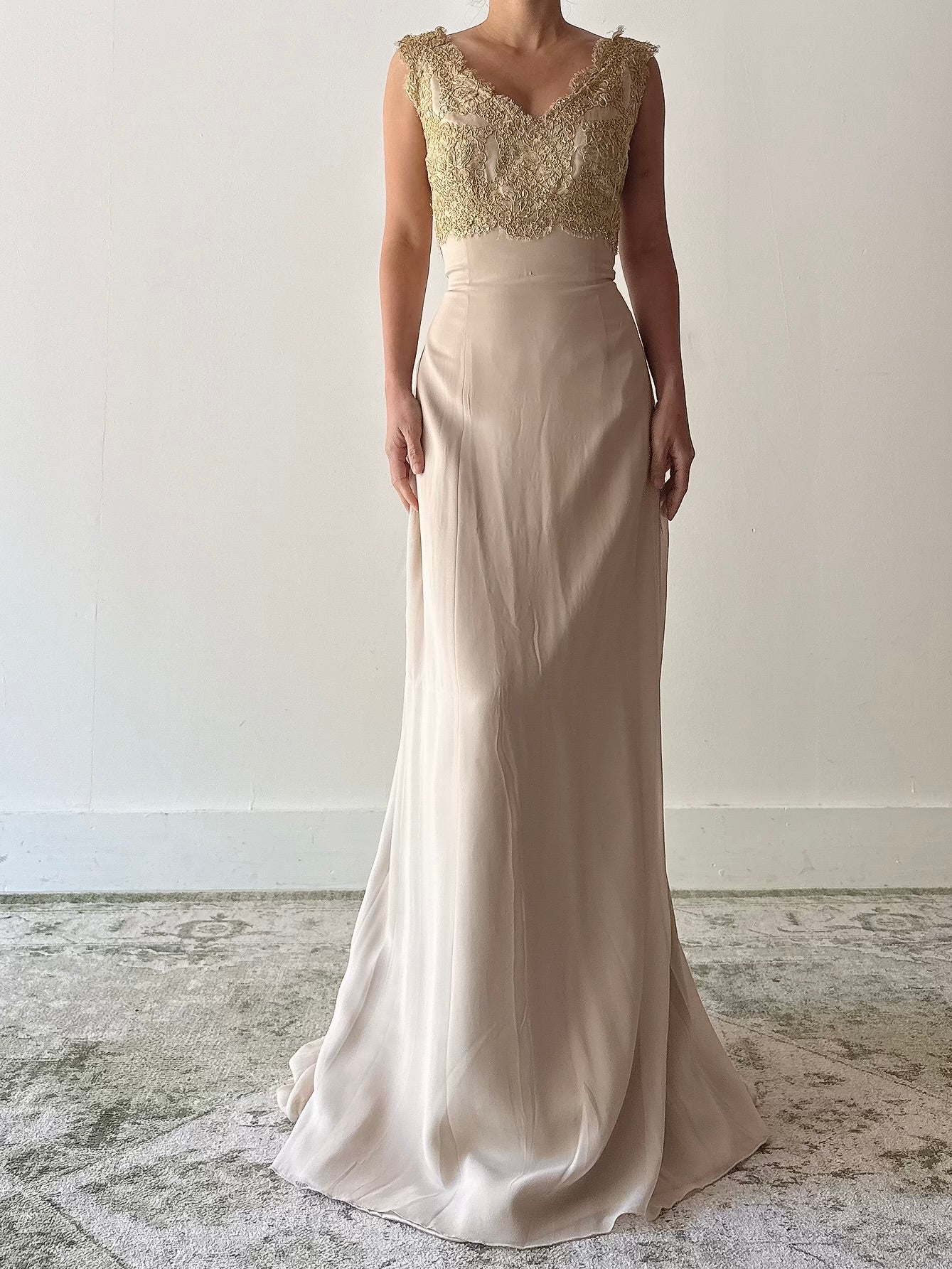 Vintage Yoly Munoz Silk Chiffon Gold Embroidered Gown - Size 8