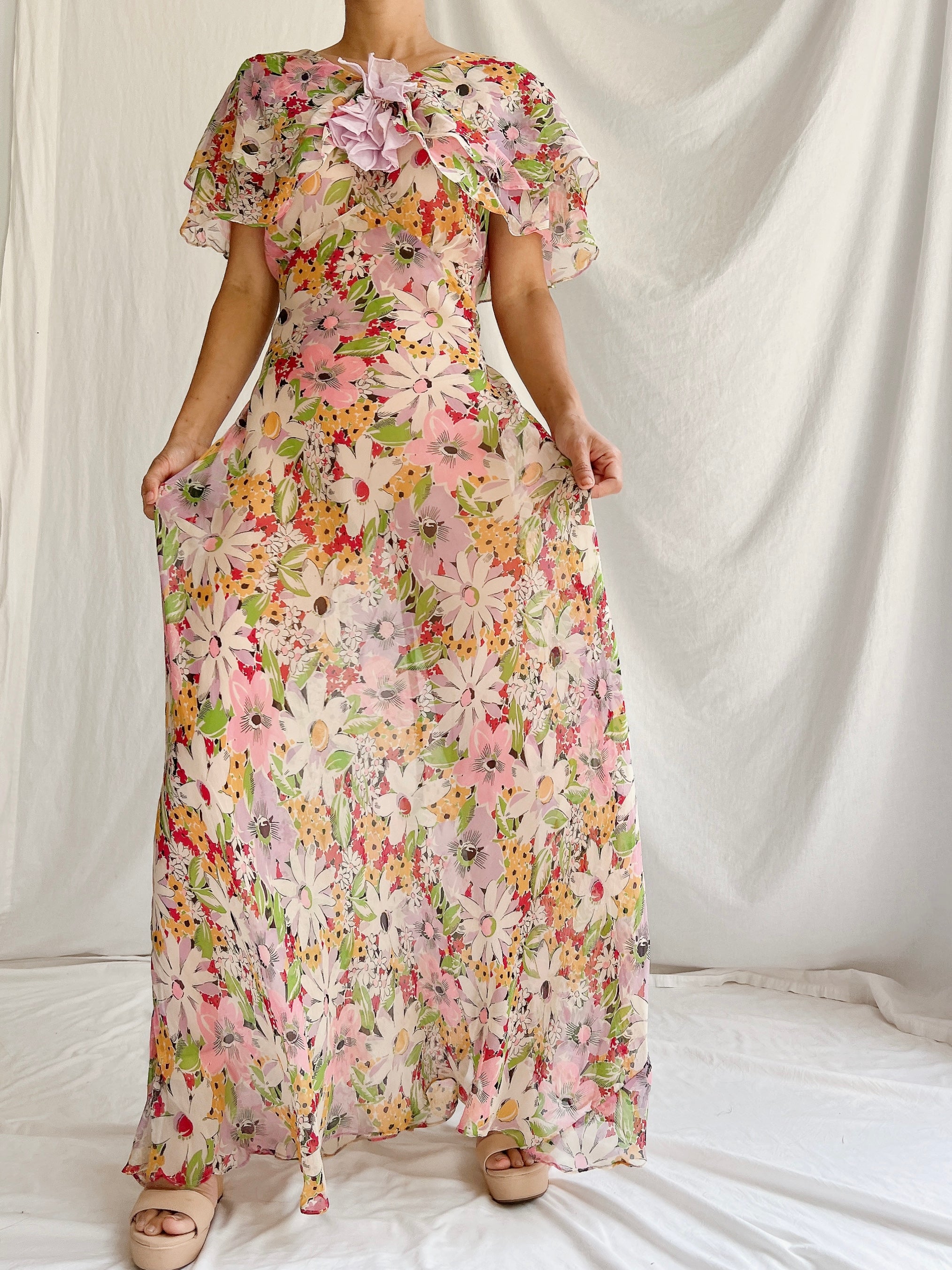 1930s Silk Floral Gown - XS/S