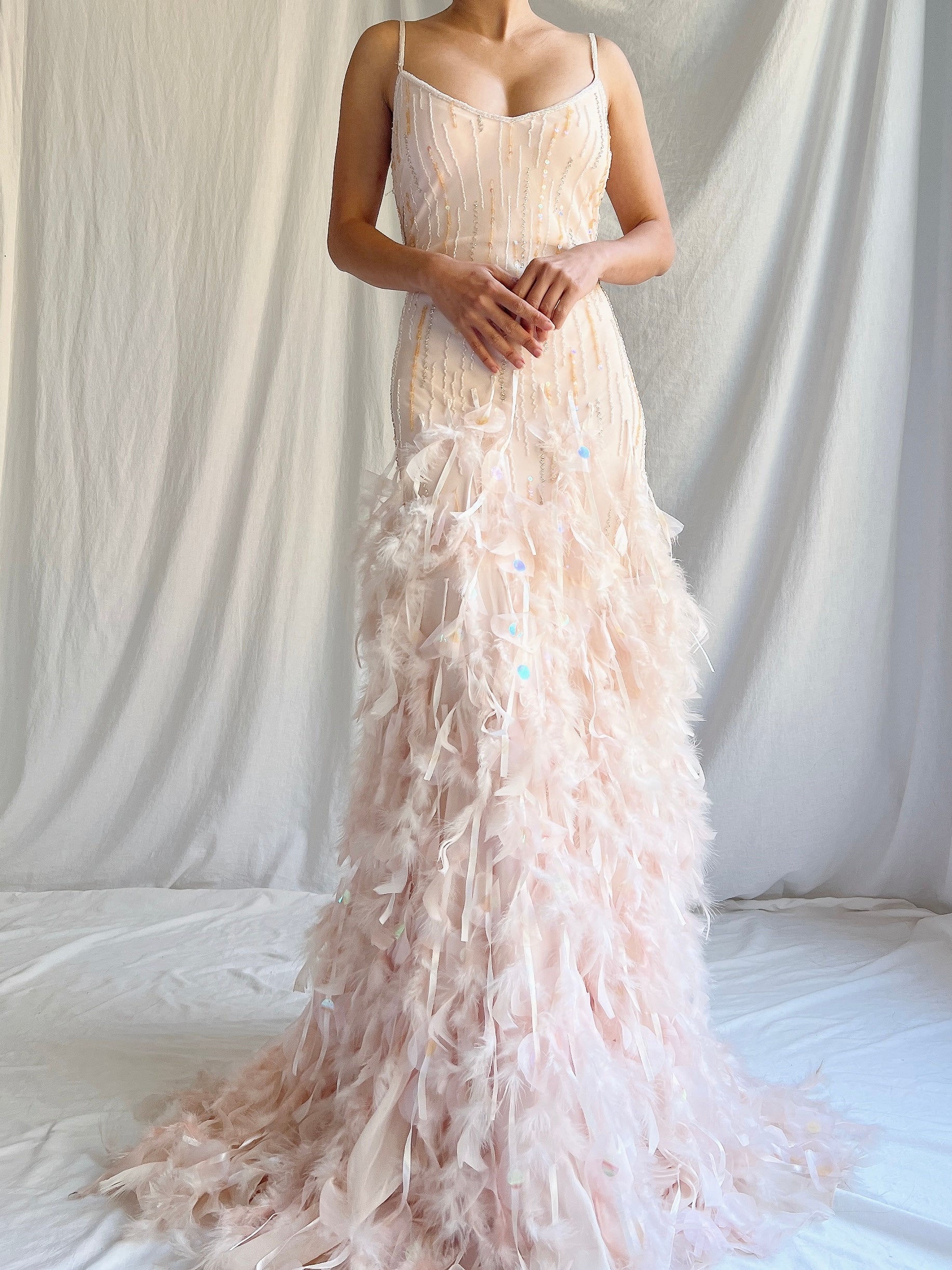 Vintage Blush Silk Feathered Gown - M