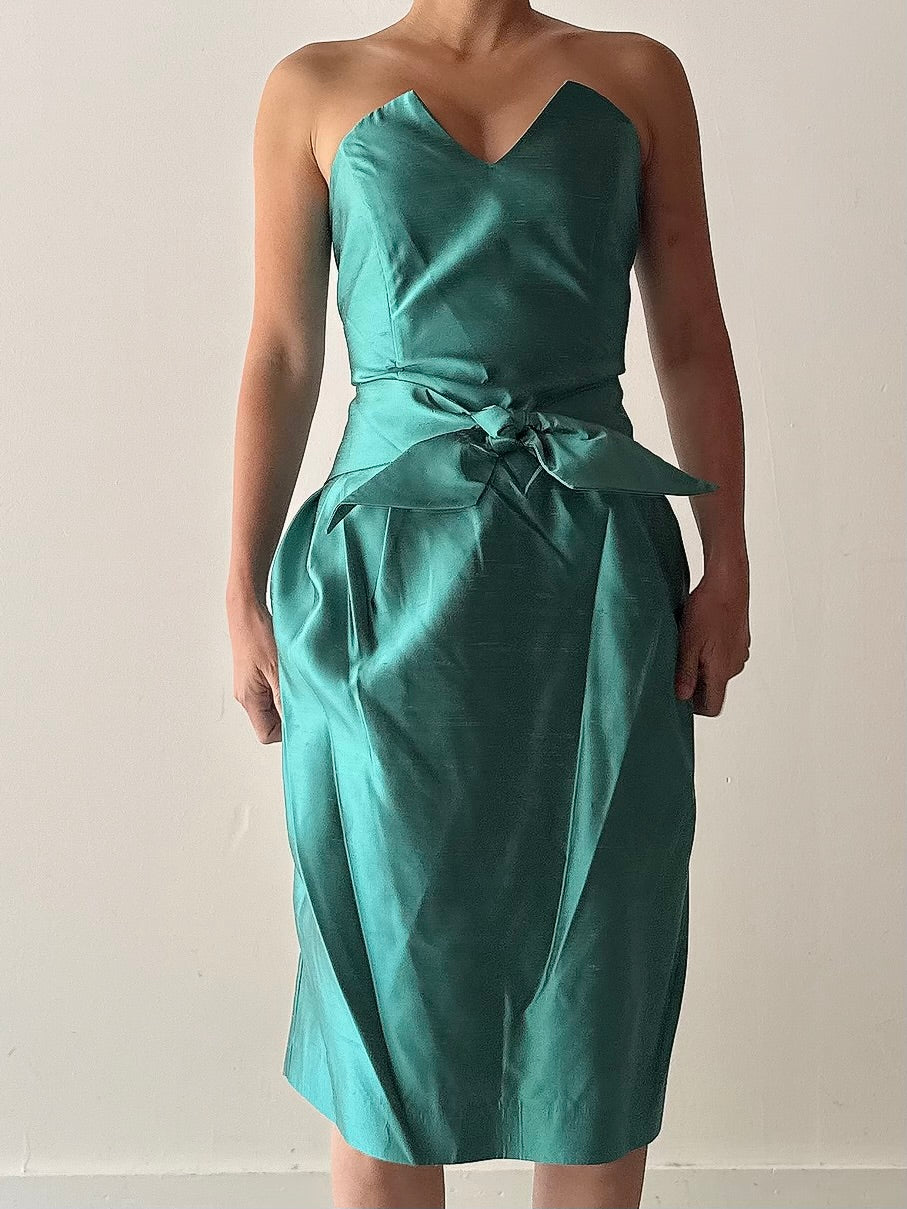 Vintage Turquoise Teal Silk Strapless Dress - FR42