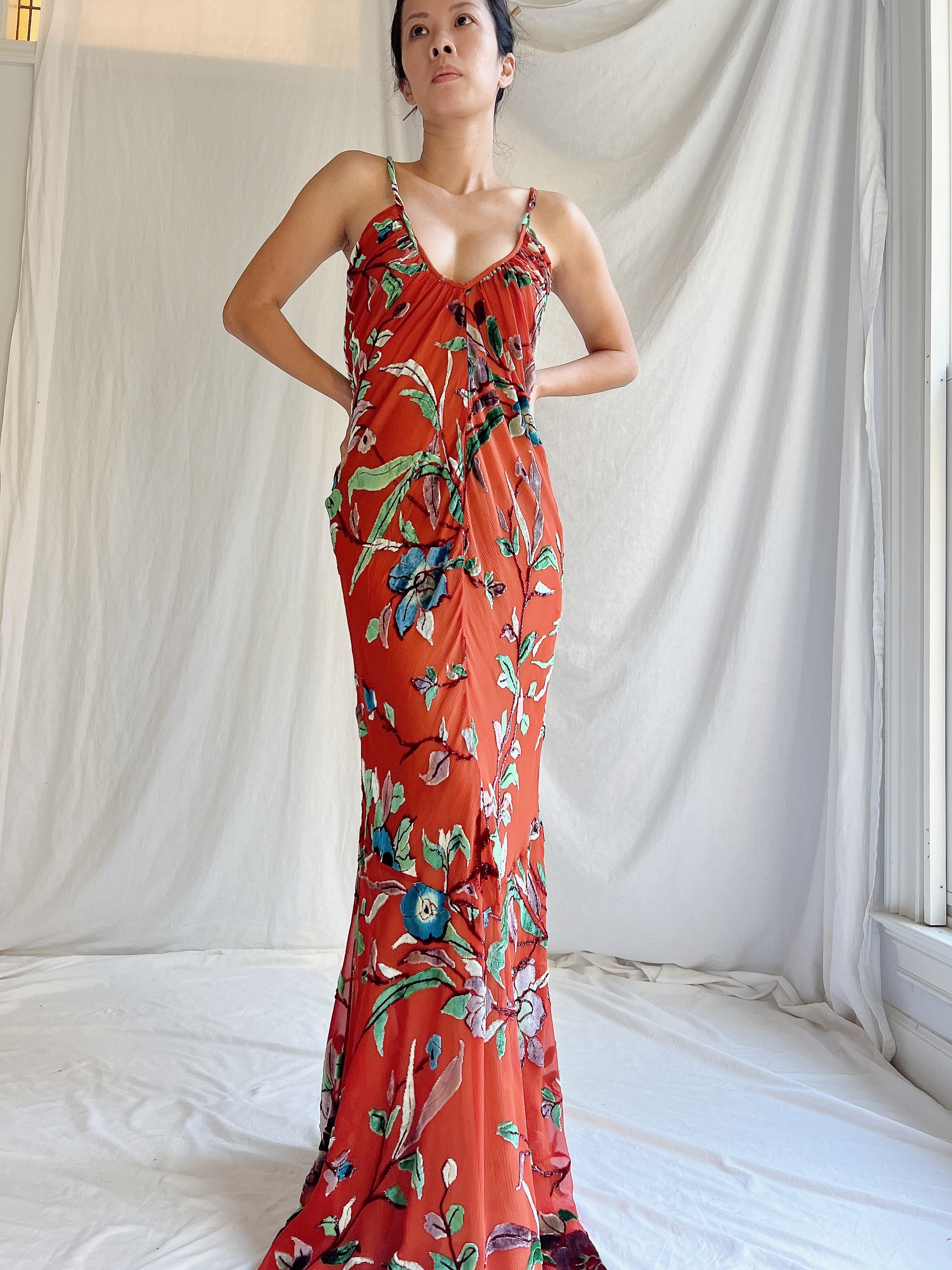 Vintage Silk Halter Velvet Devore Gown - M/L