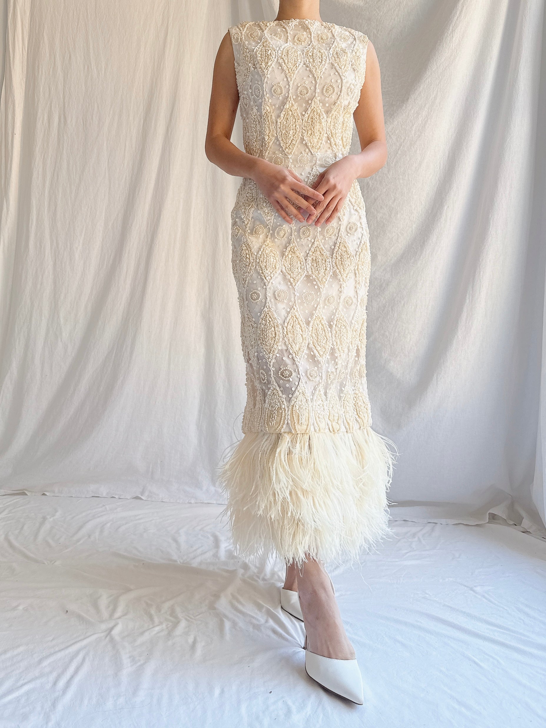 1960s Tulle Beaded Gown with Feather Embellishment - S 4-6