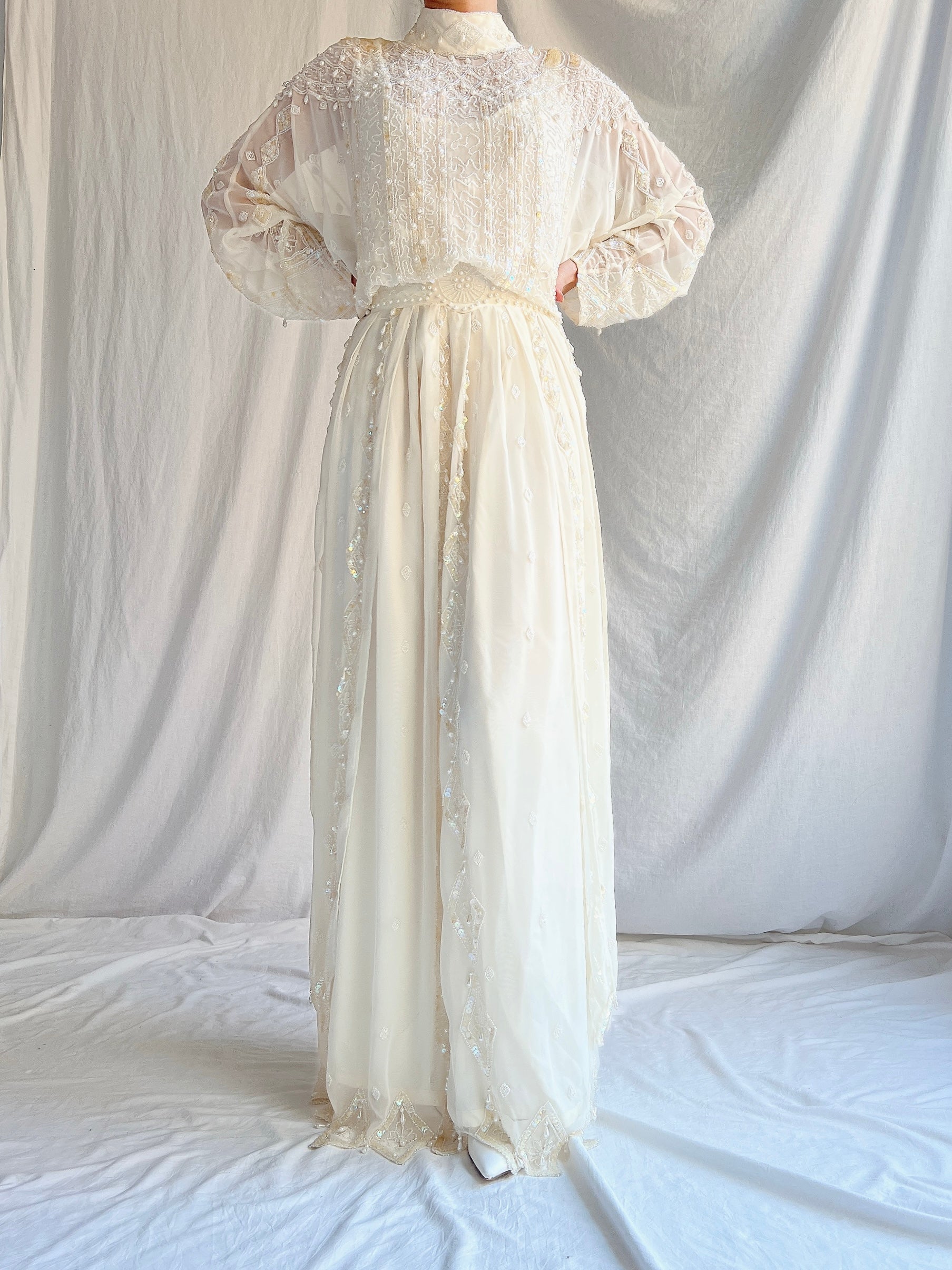 Vintage Chiffon Dolman Sleeves Gown - M