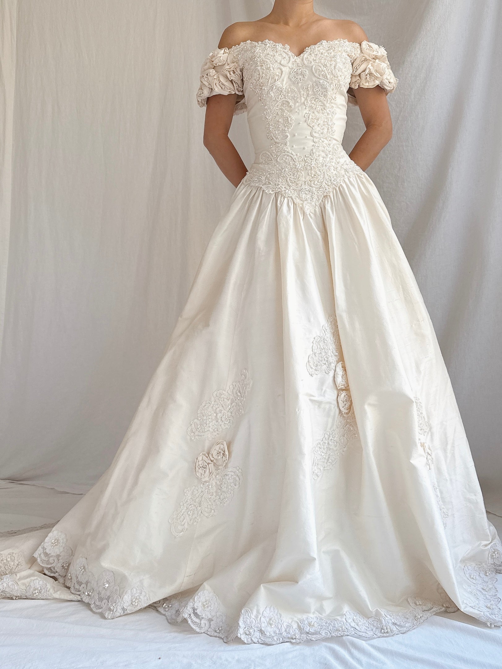 Vintage Silk Rosette Off-the-Shoulder Gown - M