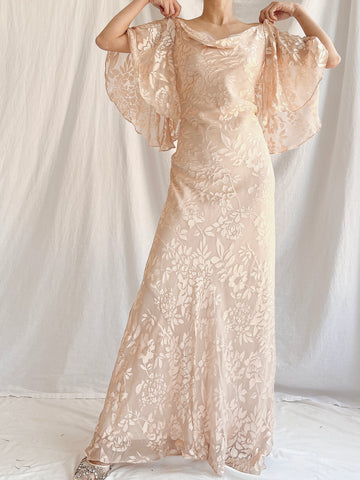 Vintage Dusty Peach Silk Burnout Bias Cut Gown - M
