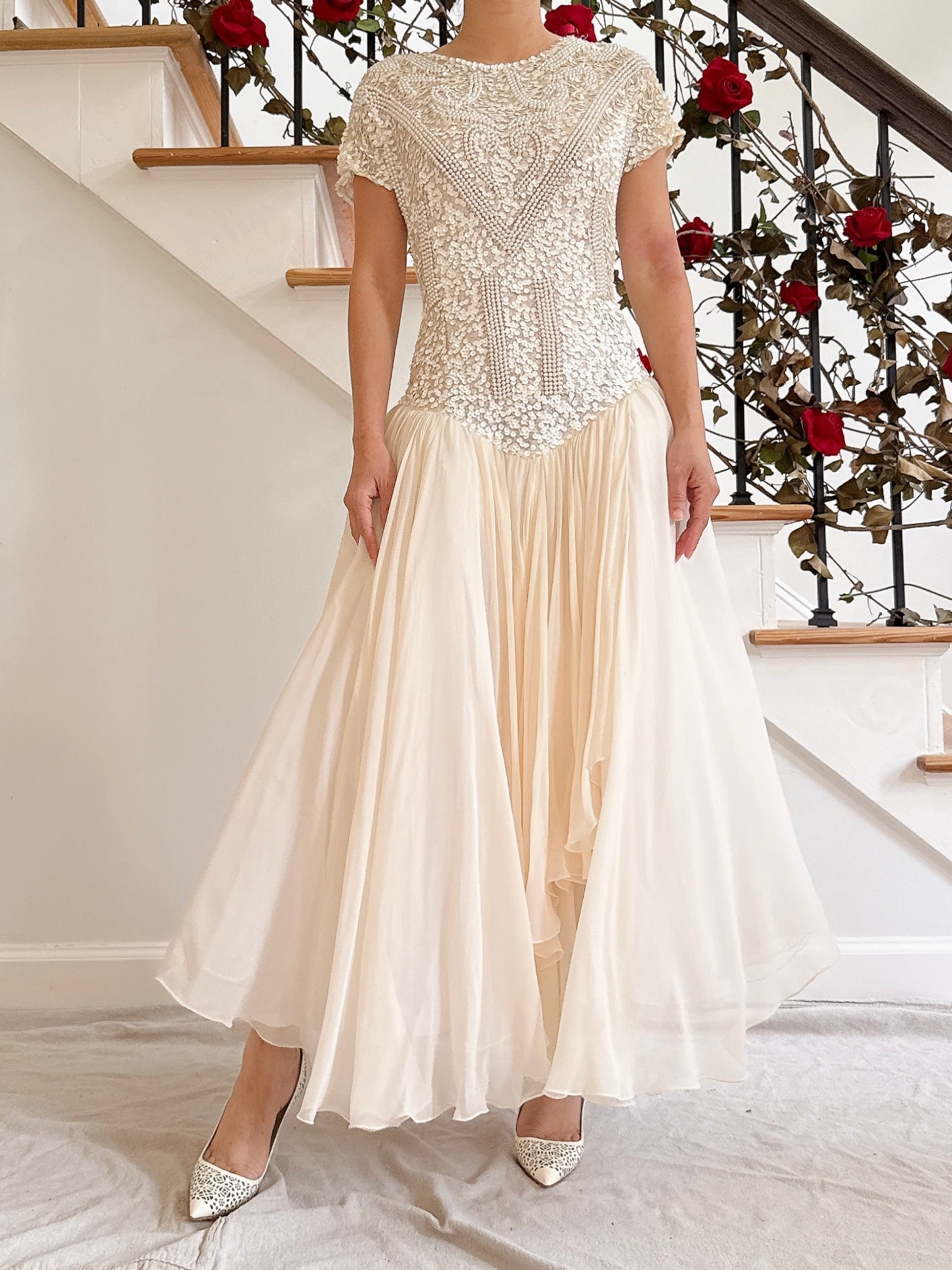 1980s Silk Chiffon Beaded Dress - 36B/30W/49L