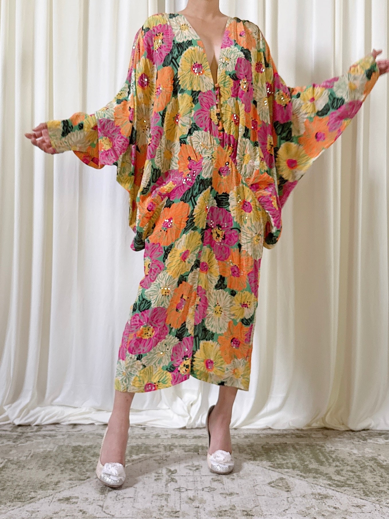 1980s Silk Floral Dress - M