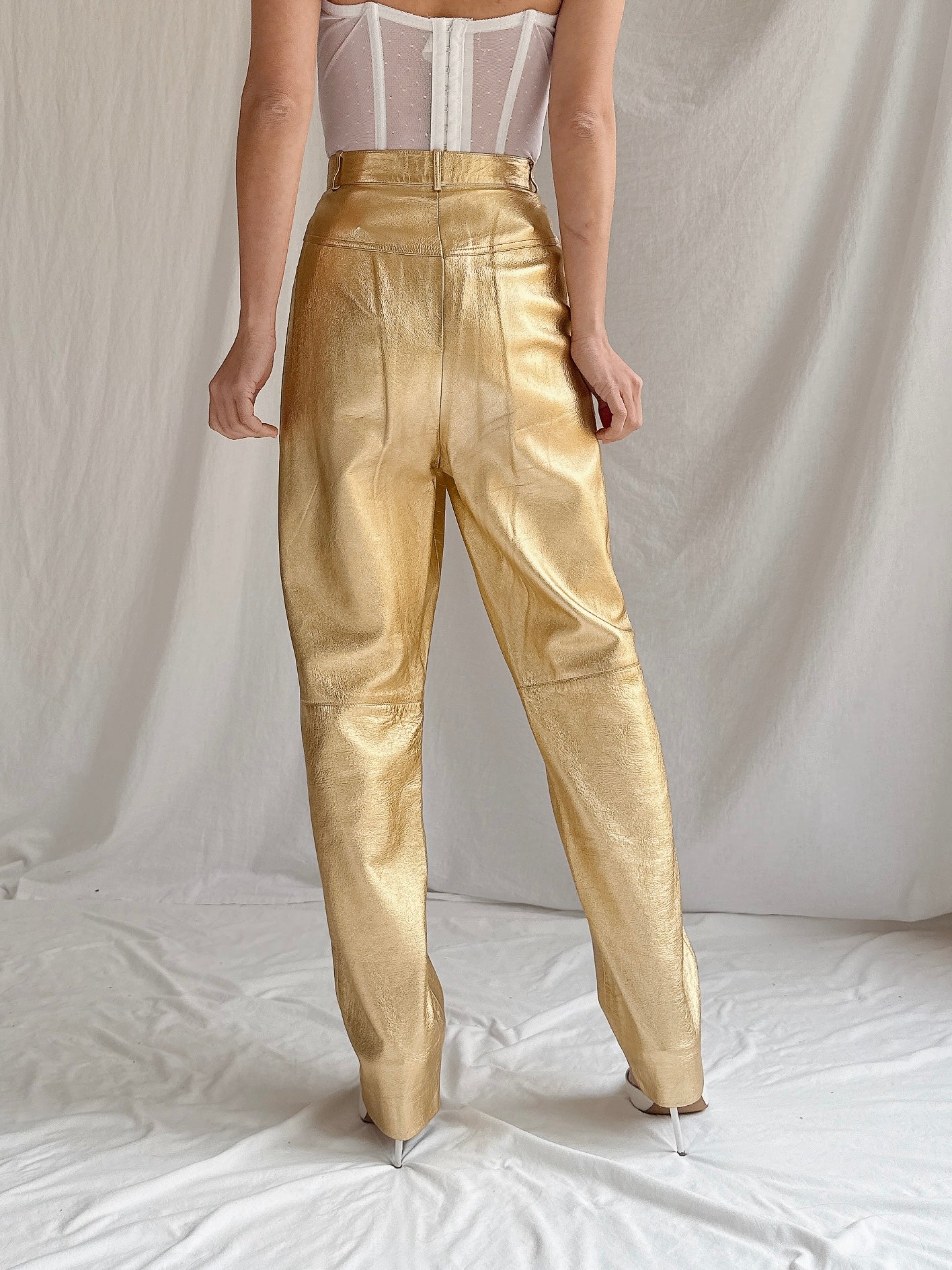 Vintage Salvatore Ferragamo Gold Leather Trousers - M