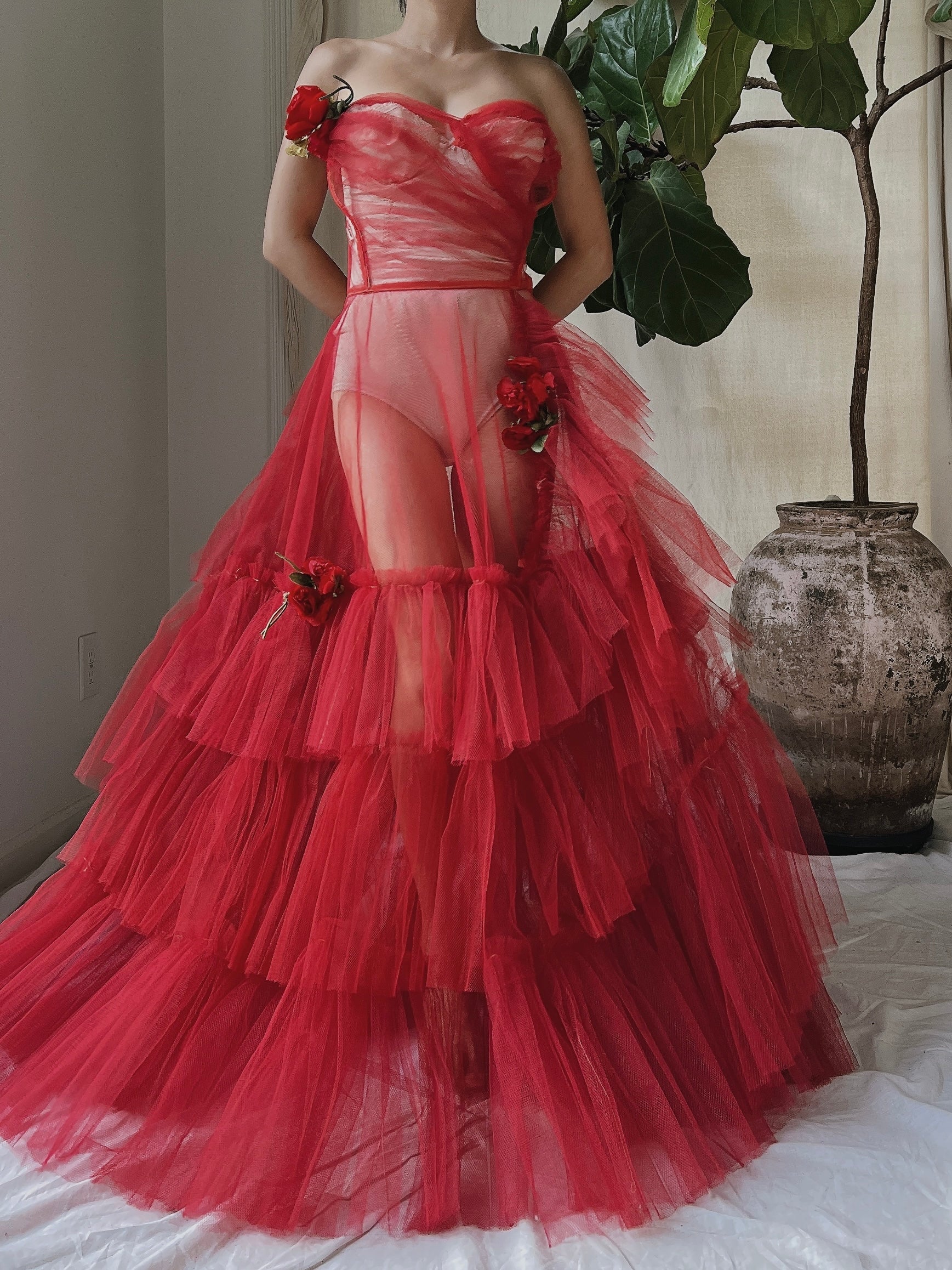 1950s Strapless Red Tiered Tulle Gown - XS