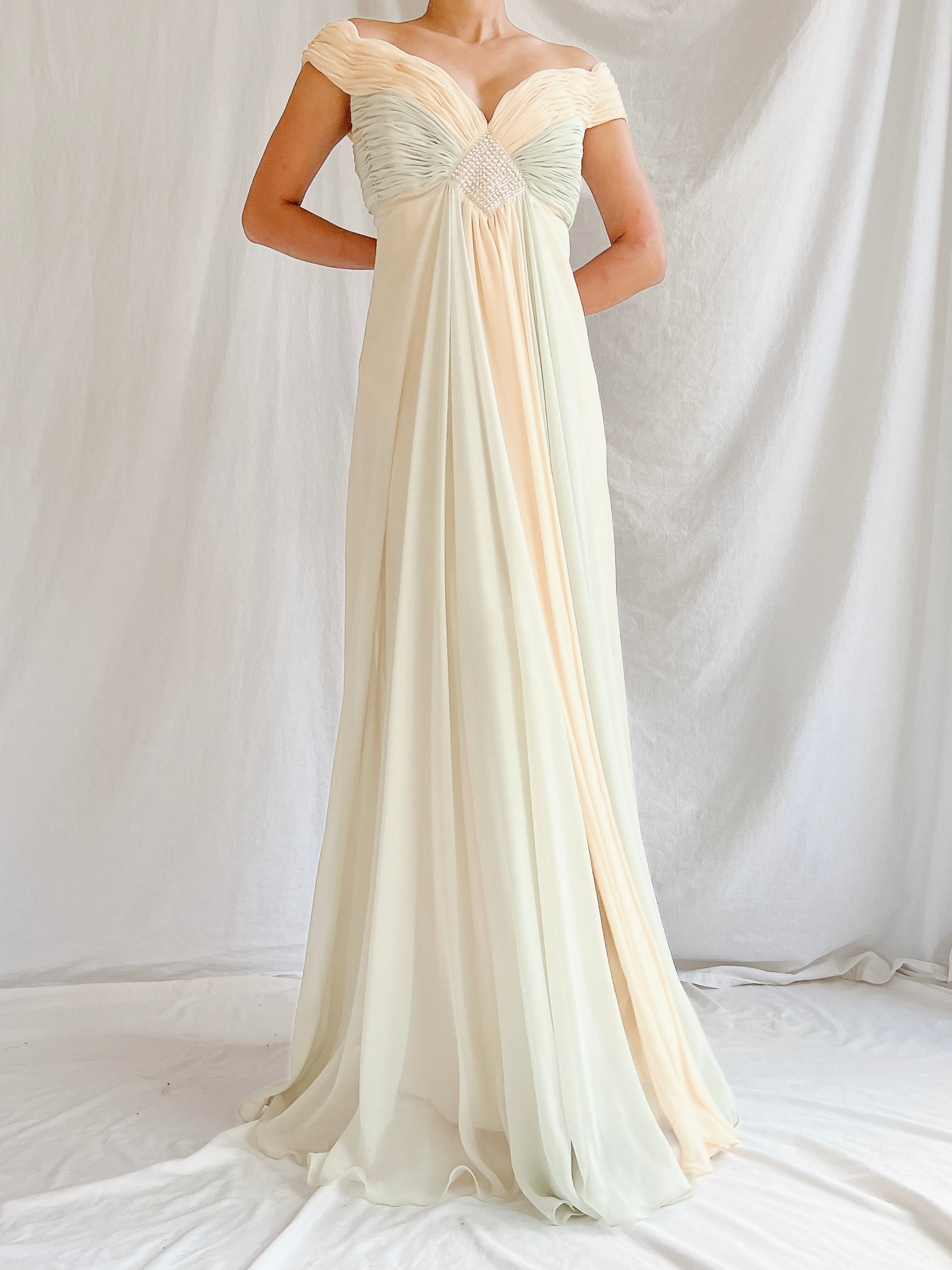 Vintage Rose Taft Seafoam/Butter Yellow Chiffon Gown - S/6 | G O S S A M E R Vintage Rose Taft Seafoam/Butter Yellow Chiffon Gown - S/6 | G O S S A M E R