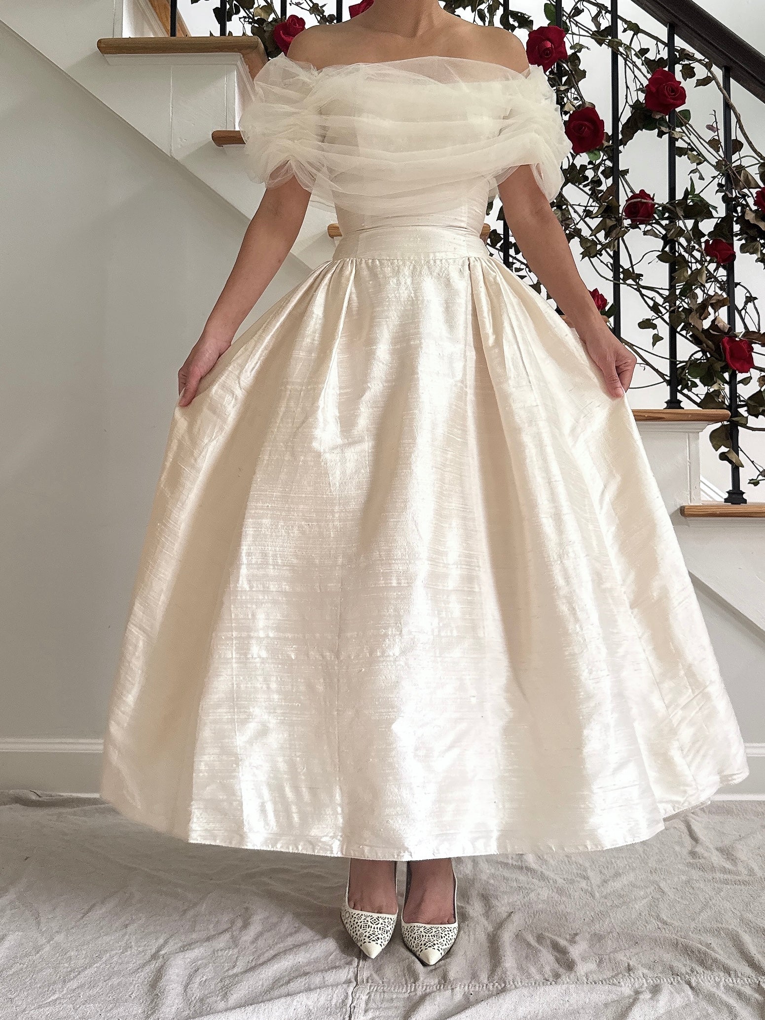 Vintage Raw Silk Tulle Dress Off The Shoulder - S/M