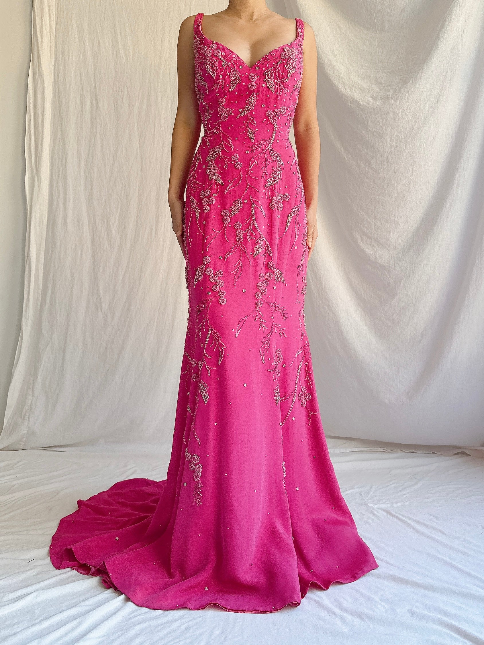 Vintage Hot Pink Silk Beaded Gown - M