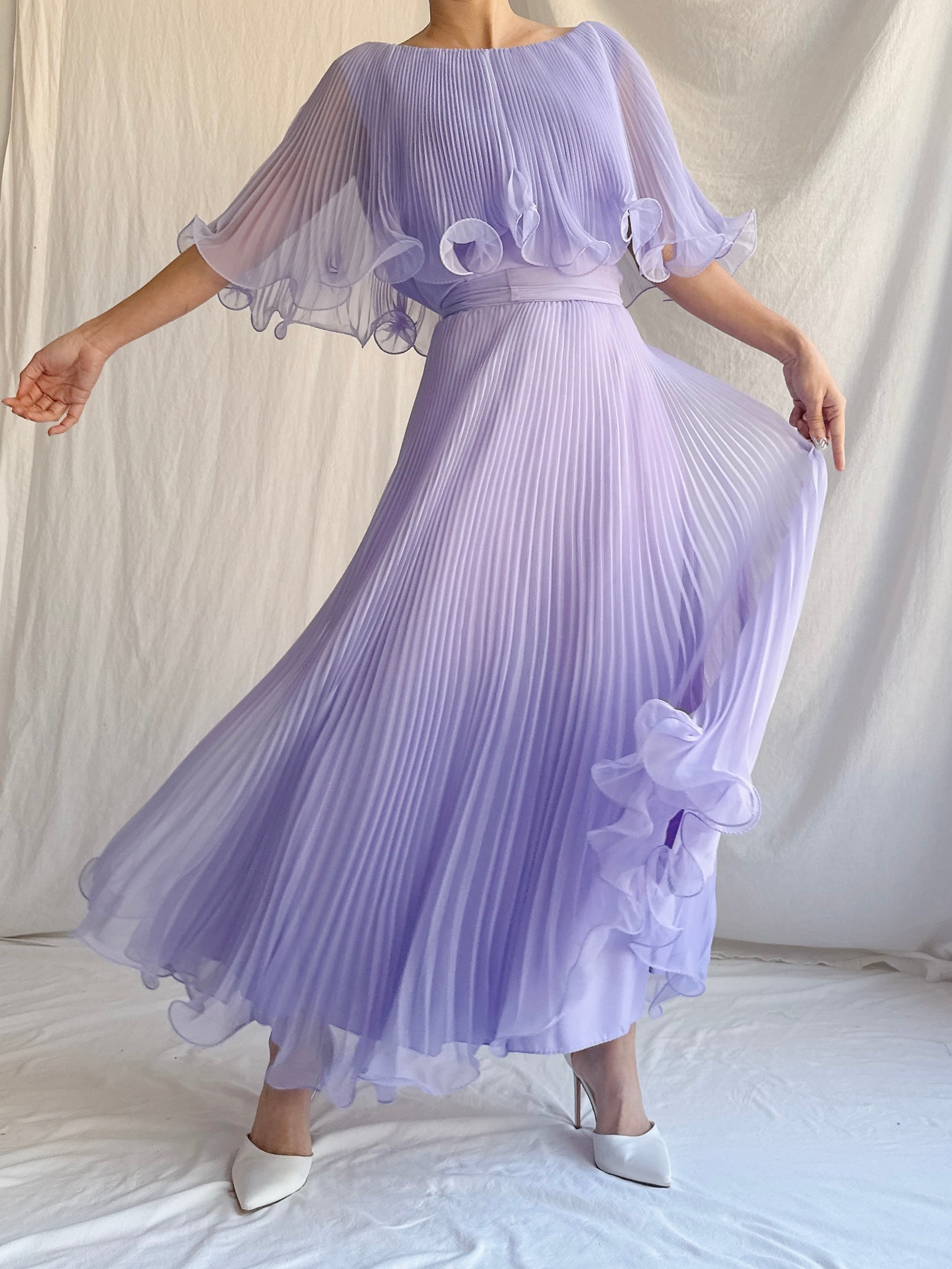 Vintage Pleated Chiffon Midi Dress - M