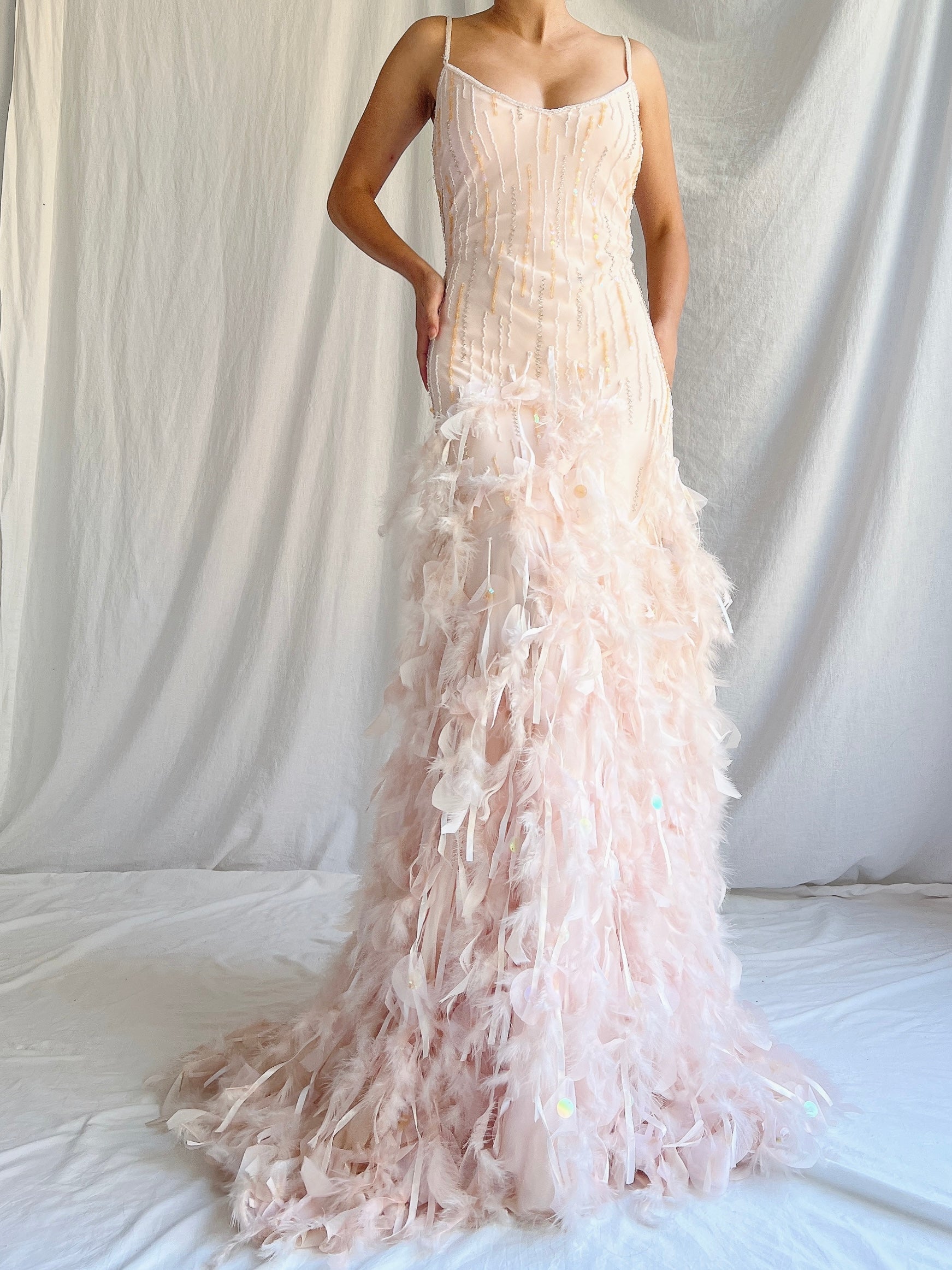 Vintage Blush Silk Feathered Gown - M