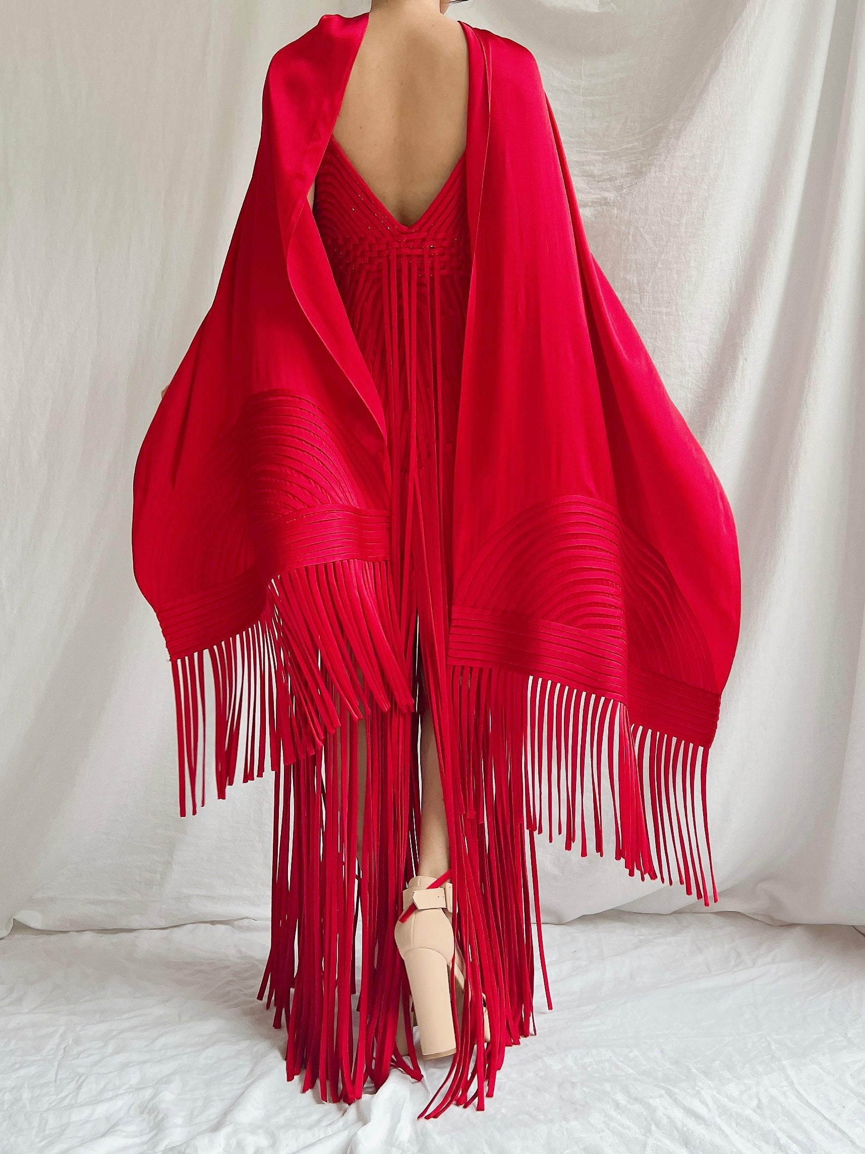 Vintage Sue Wong Silk Fringed Gown with Scarf - M