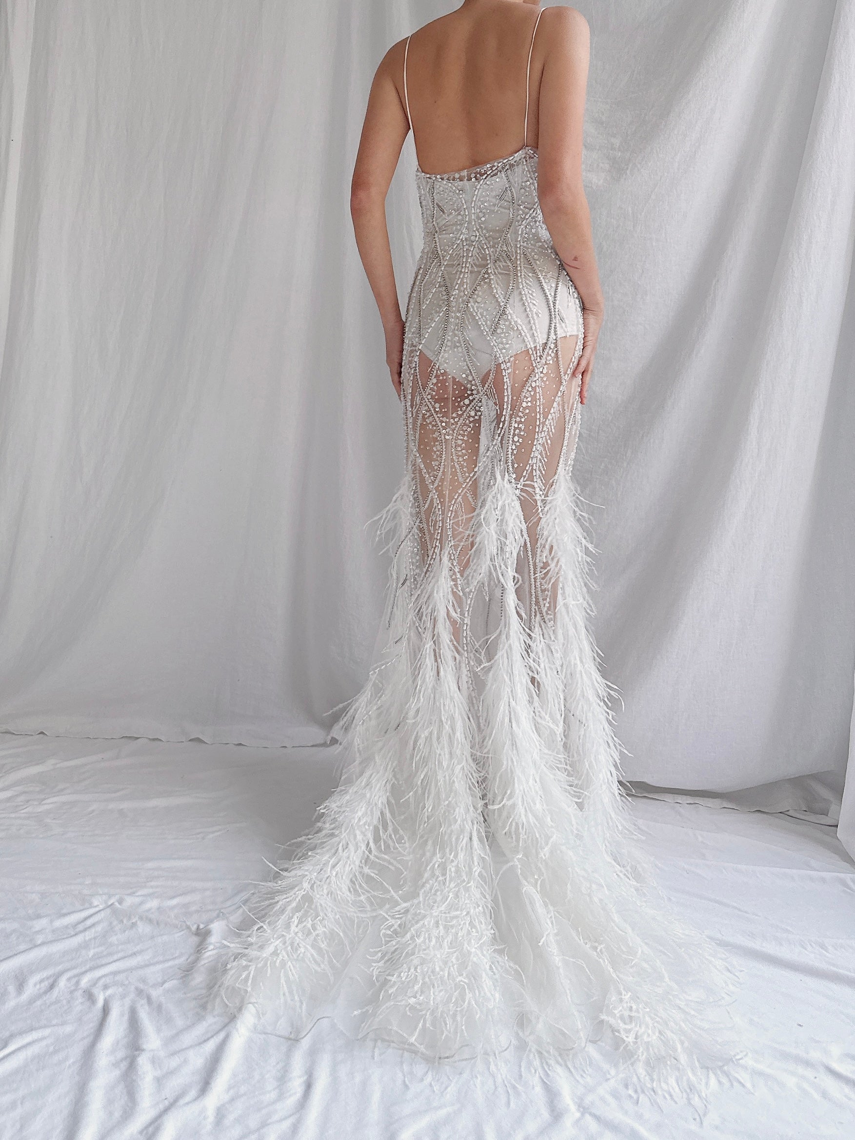 00 Stephen Yearrick Pearl Feather Gown - S-M