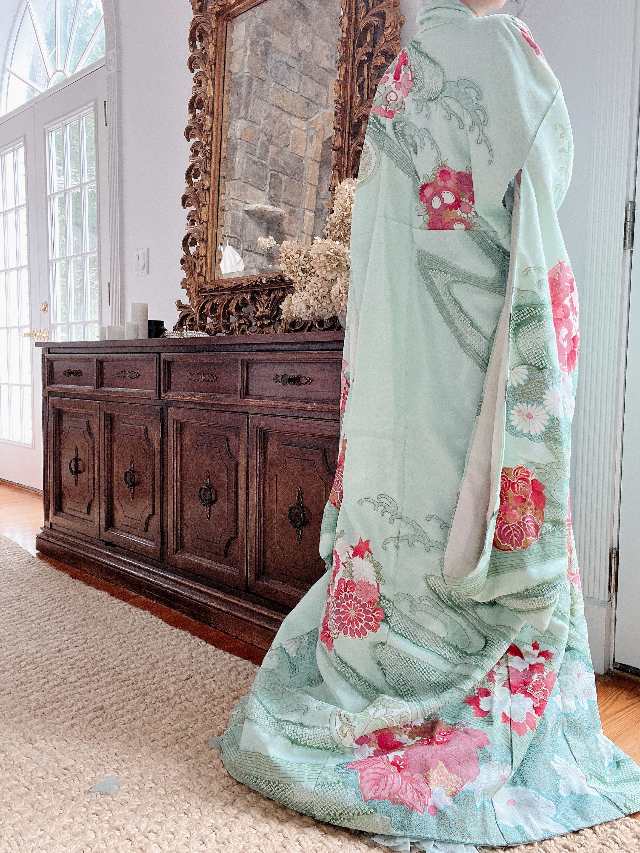 Vintage Silk Teal Abstract Kimono - OSFA