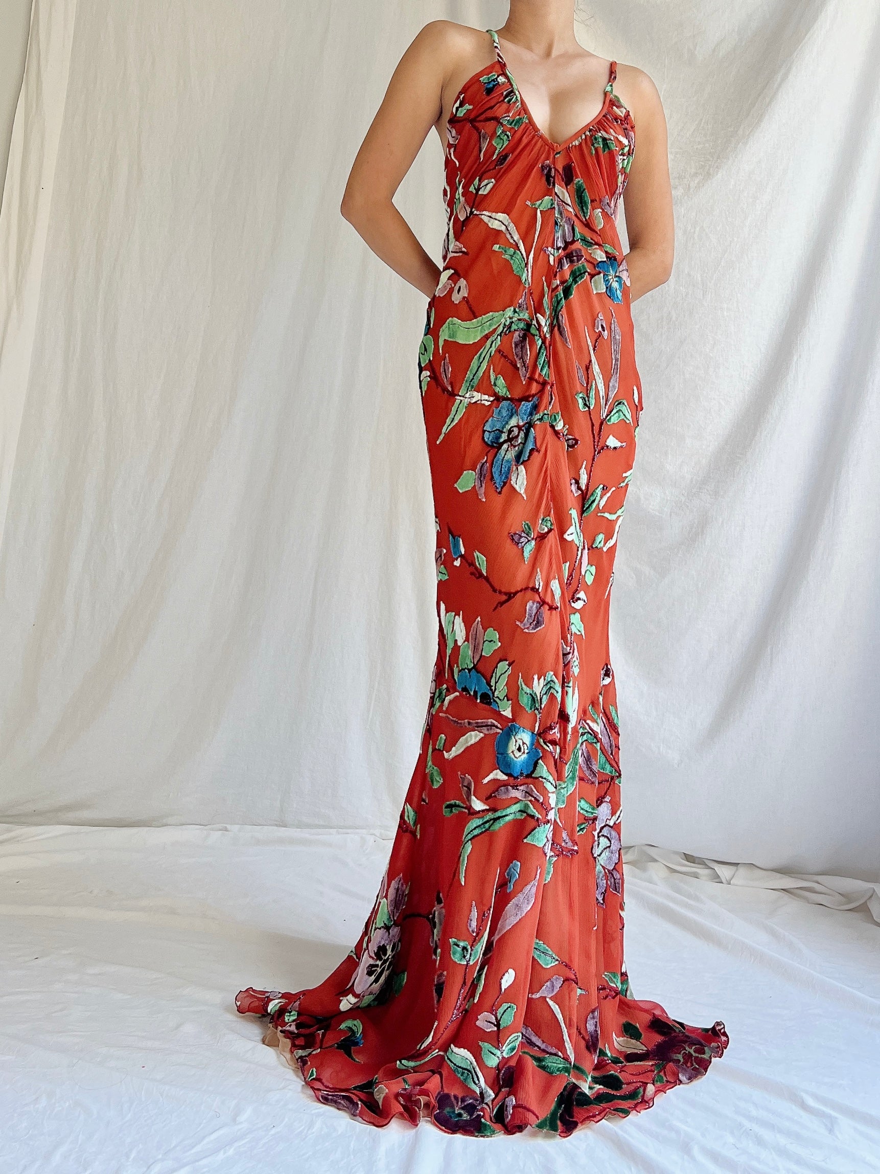 Vintage Silk Halter Velvet Devore Gown - M/L