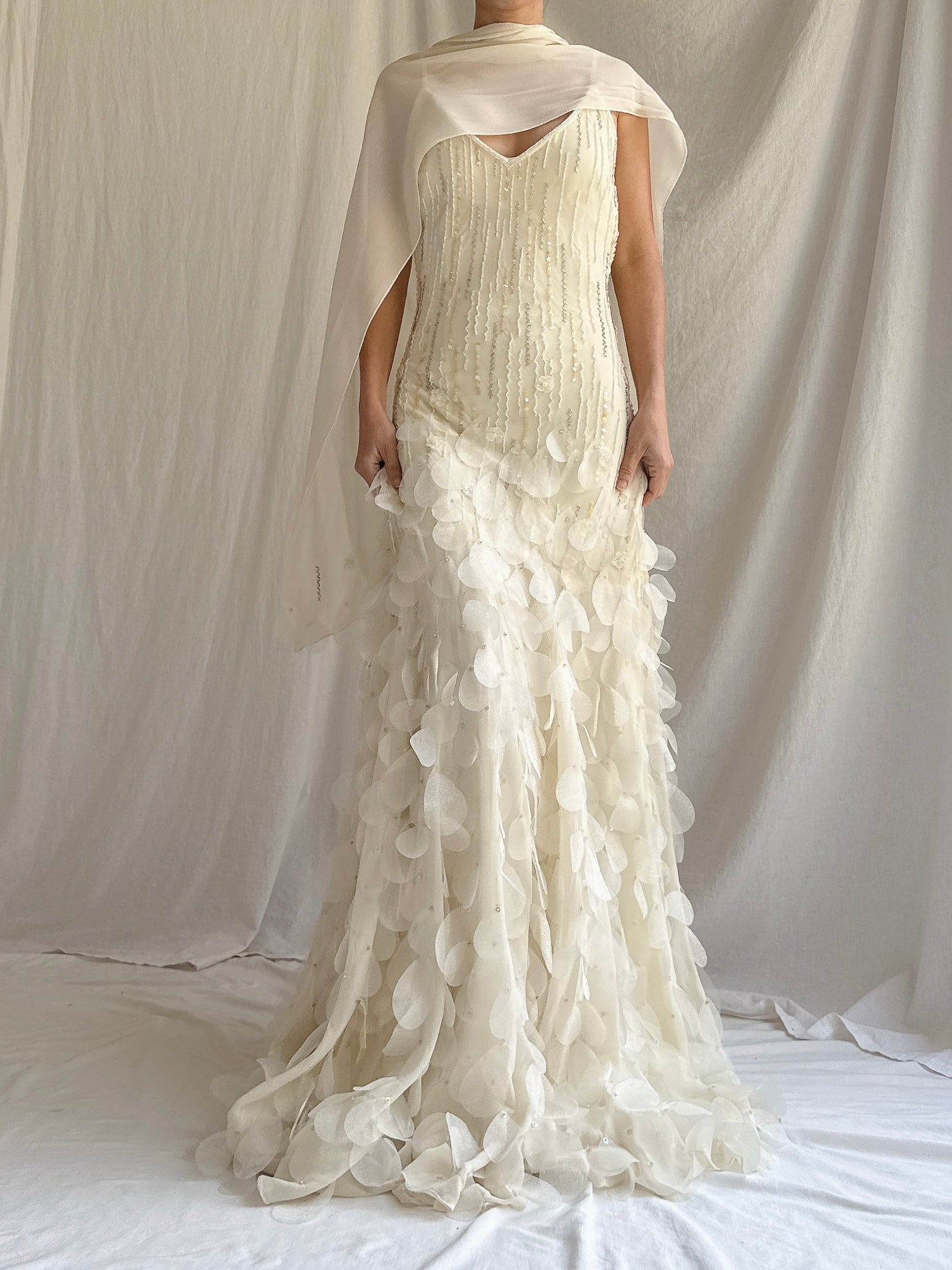Vintage Ivory Silk Chiffon Gown with Shawl - S/M