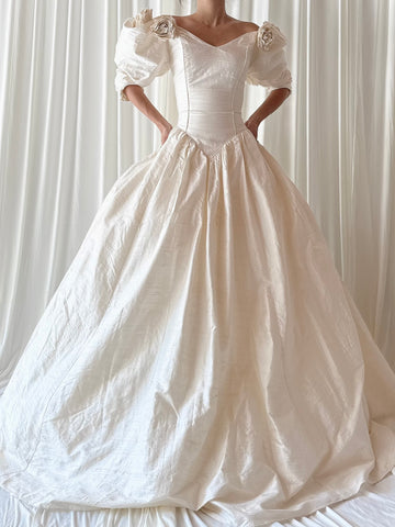 Vintage Raw Silk Puff Sleeve Flower Gown - M/8