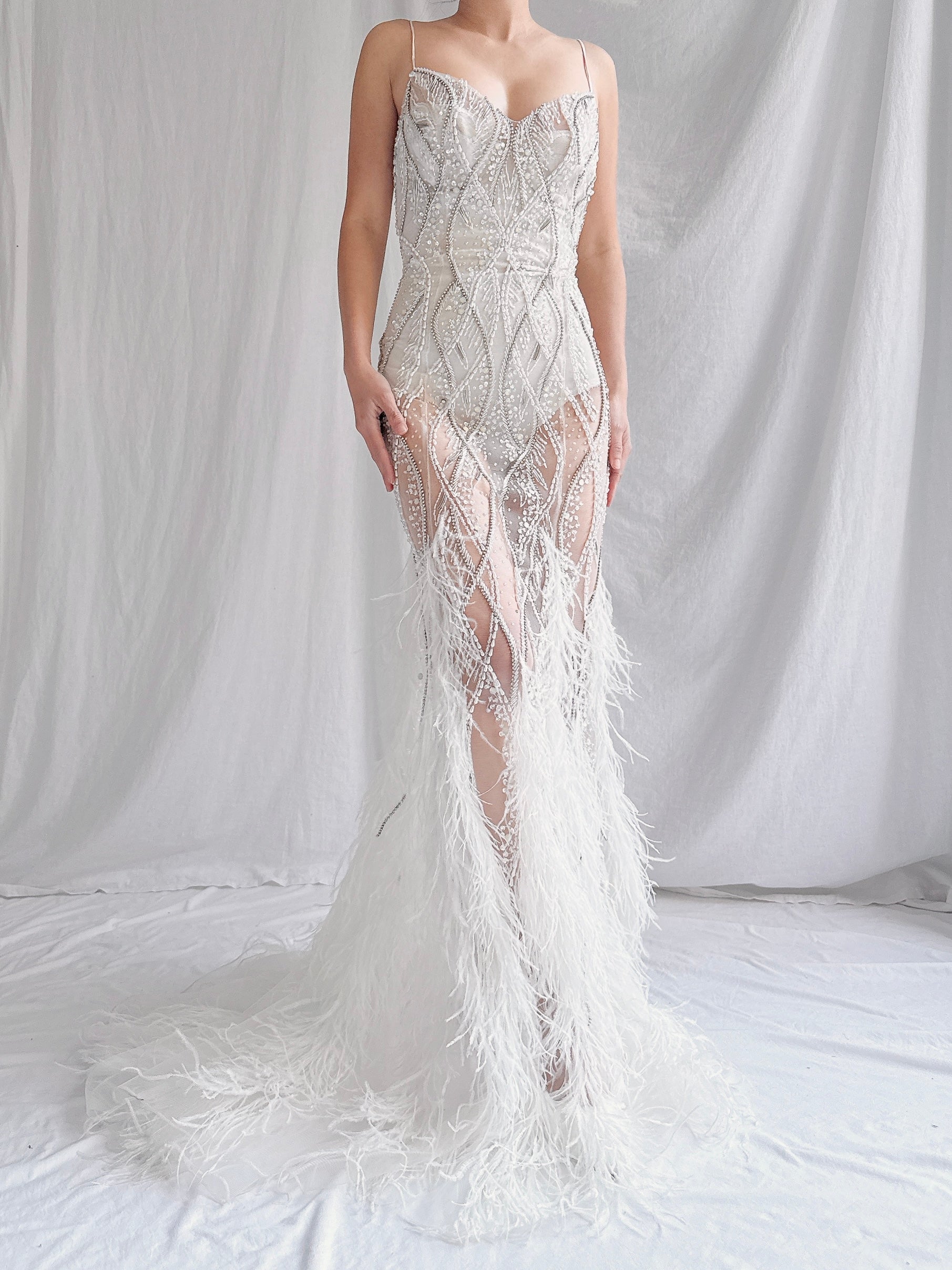 00 Stephen Yearrick Pearl Feather Gown - S-M