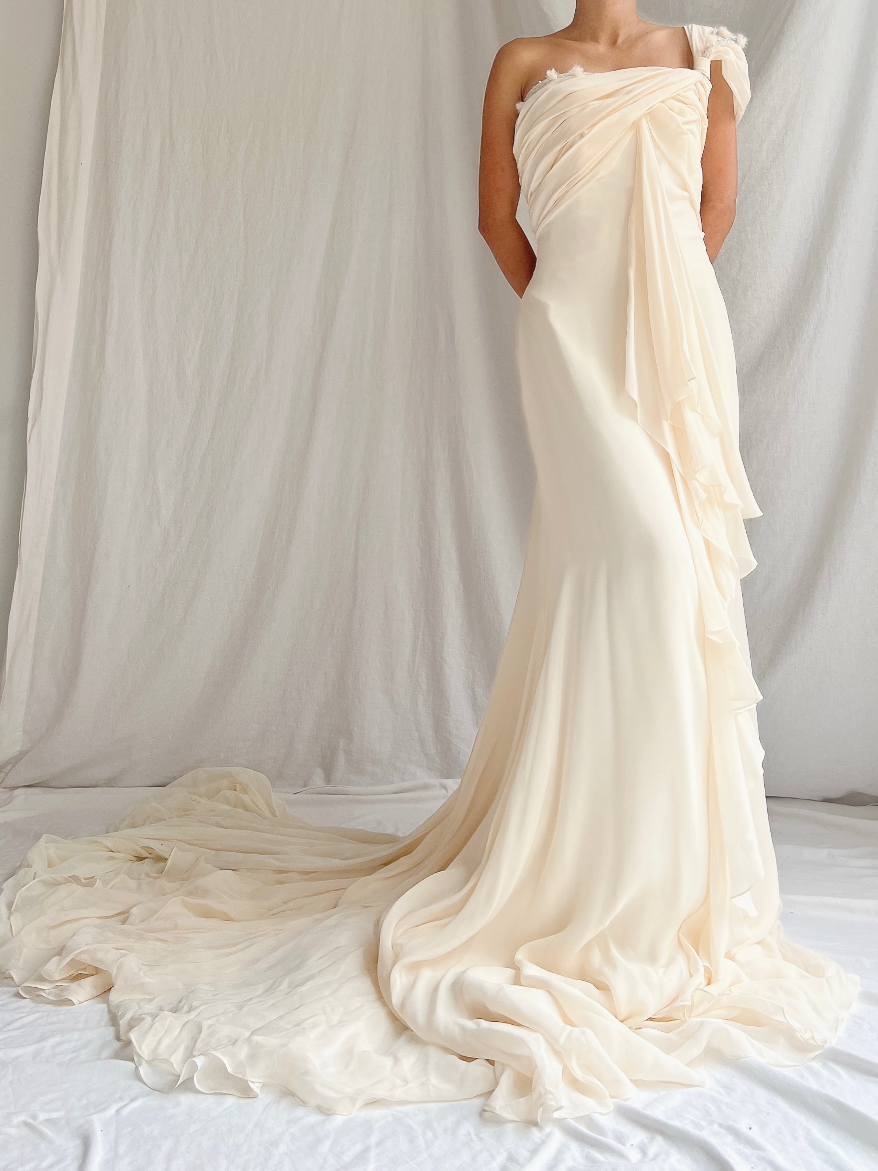 Vintage Silk One-Shoulder Gown - M