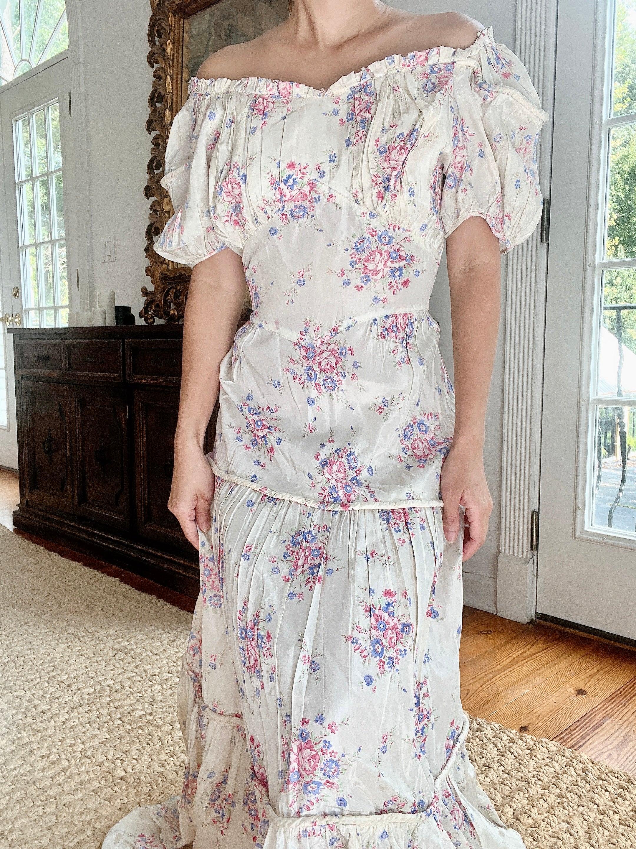 1940s Taffeta Floral Dress - M