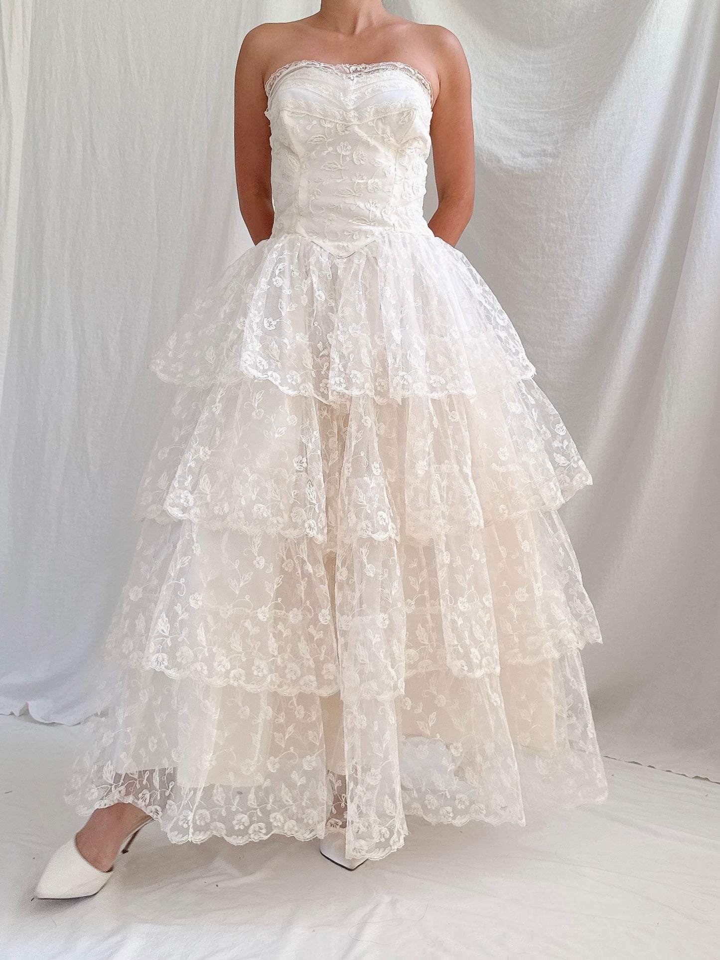 1950s Embroidered Tulle Dress -XS