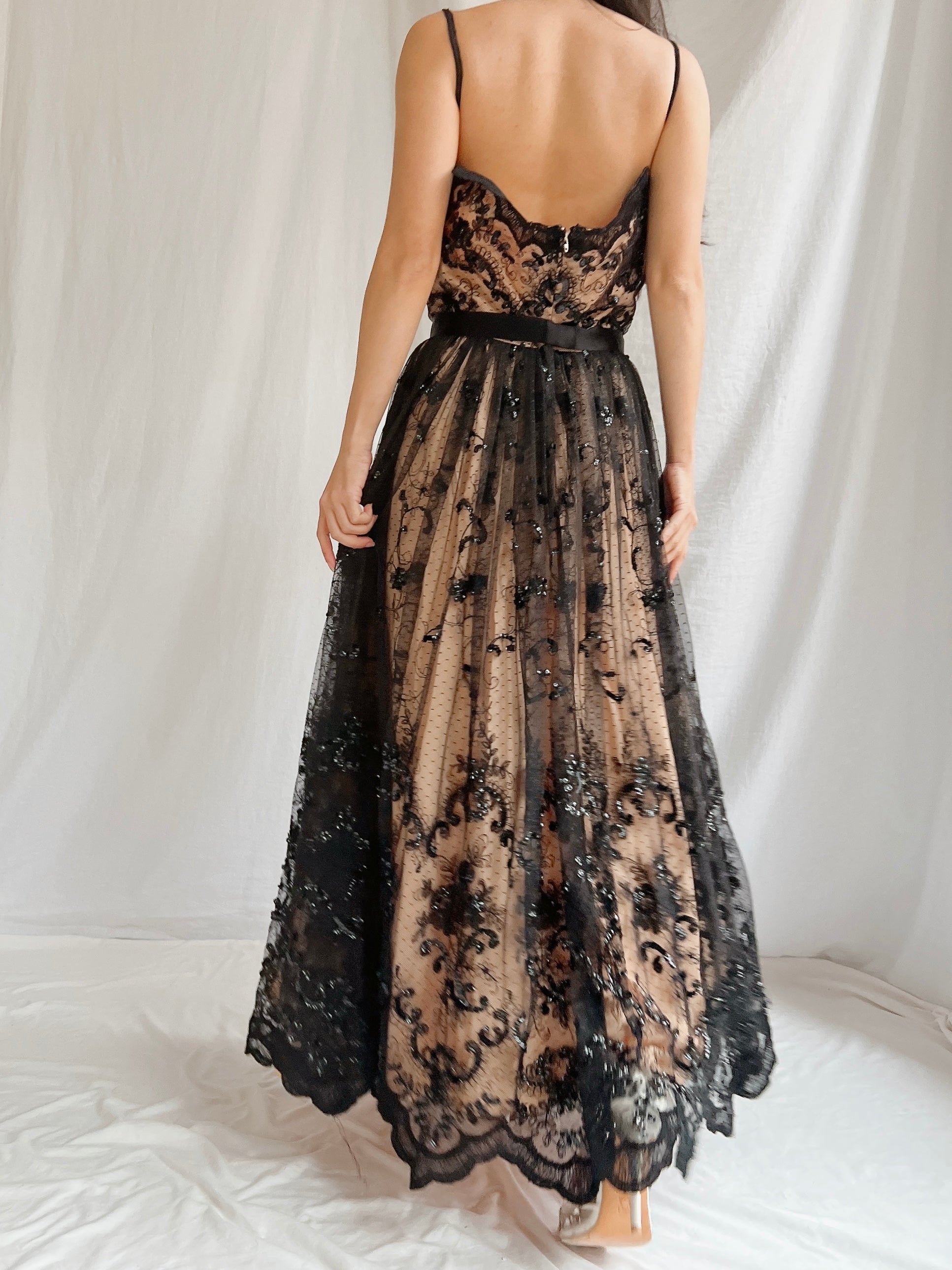 Vintage Nude and Black Lace Dress - S