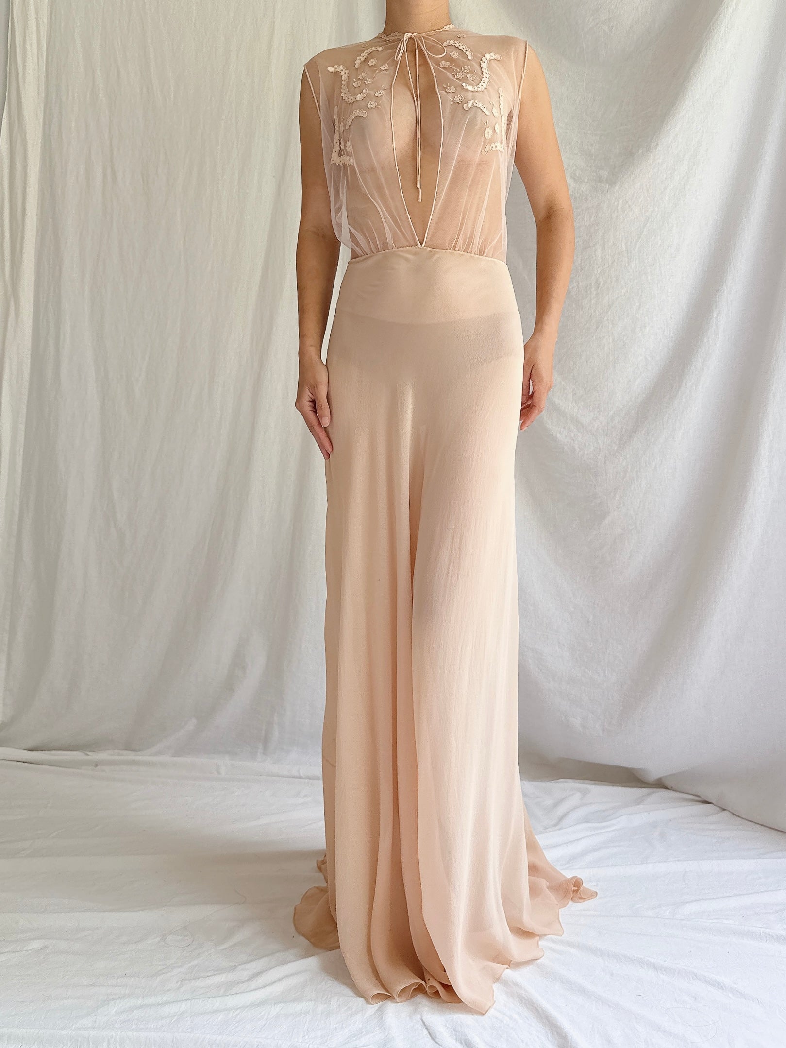 1930s Silk and Mesh Sheer Gown - S/M