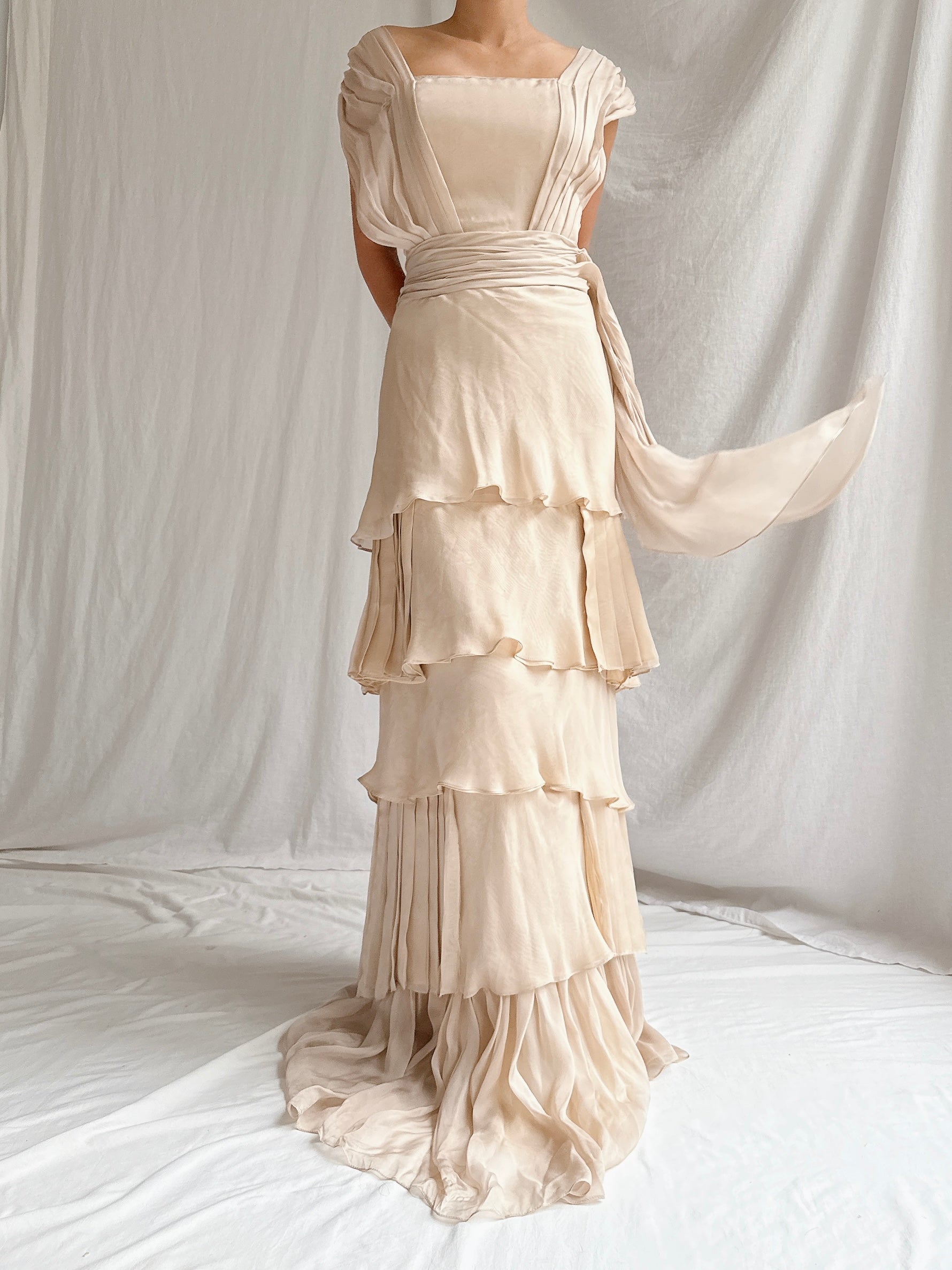 Vintage Beige Silk Tiered Dress - S